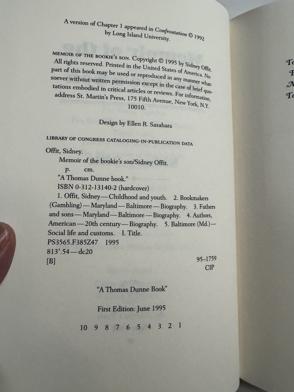 Memoir of the Bookie’s Son 1st/1st 1995 HCDJ Offit Vonnegut Blurb