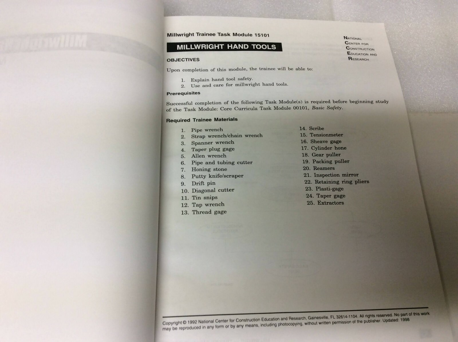 Millwright Level 1 Trainee Guide Binder, by NCCER – Wheels of Learning 1992 PB