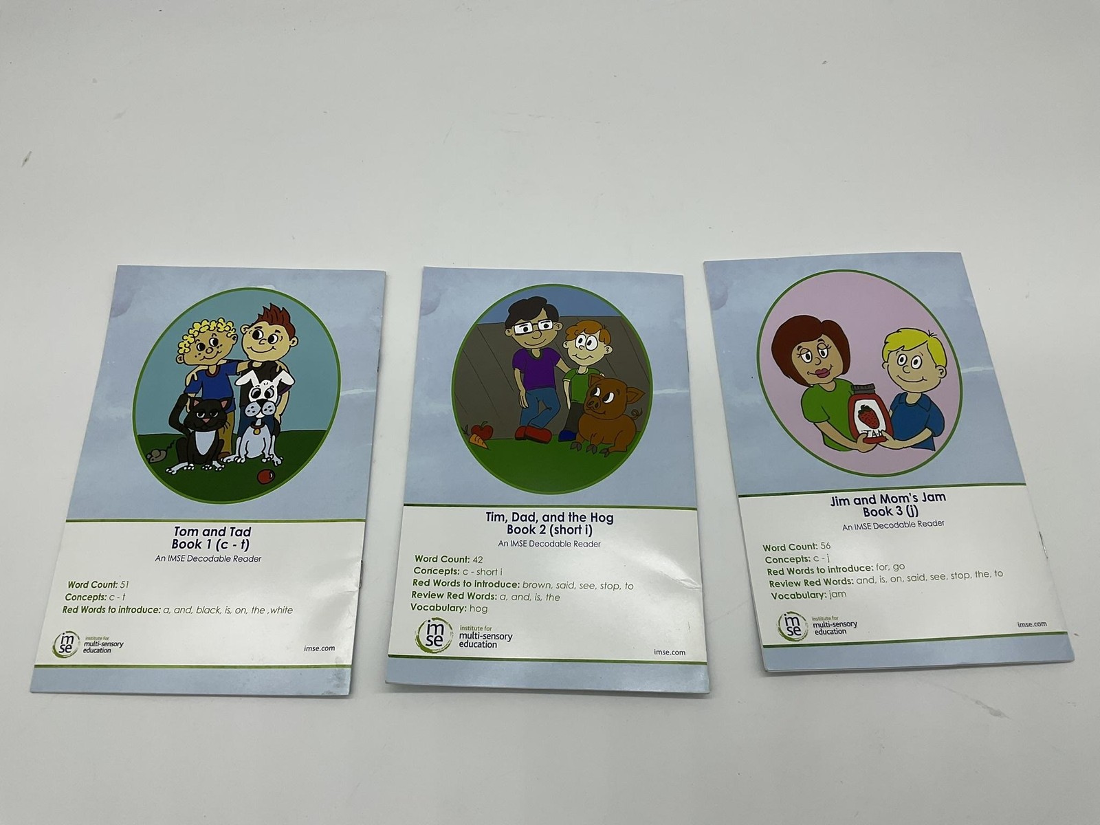 Lot 3 IMSE Decodable Readers Tom And Tad Tim Dad Hog Jim Mom’s Jam PB Phonics