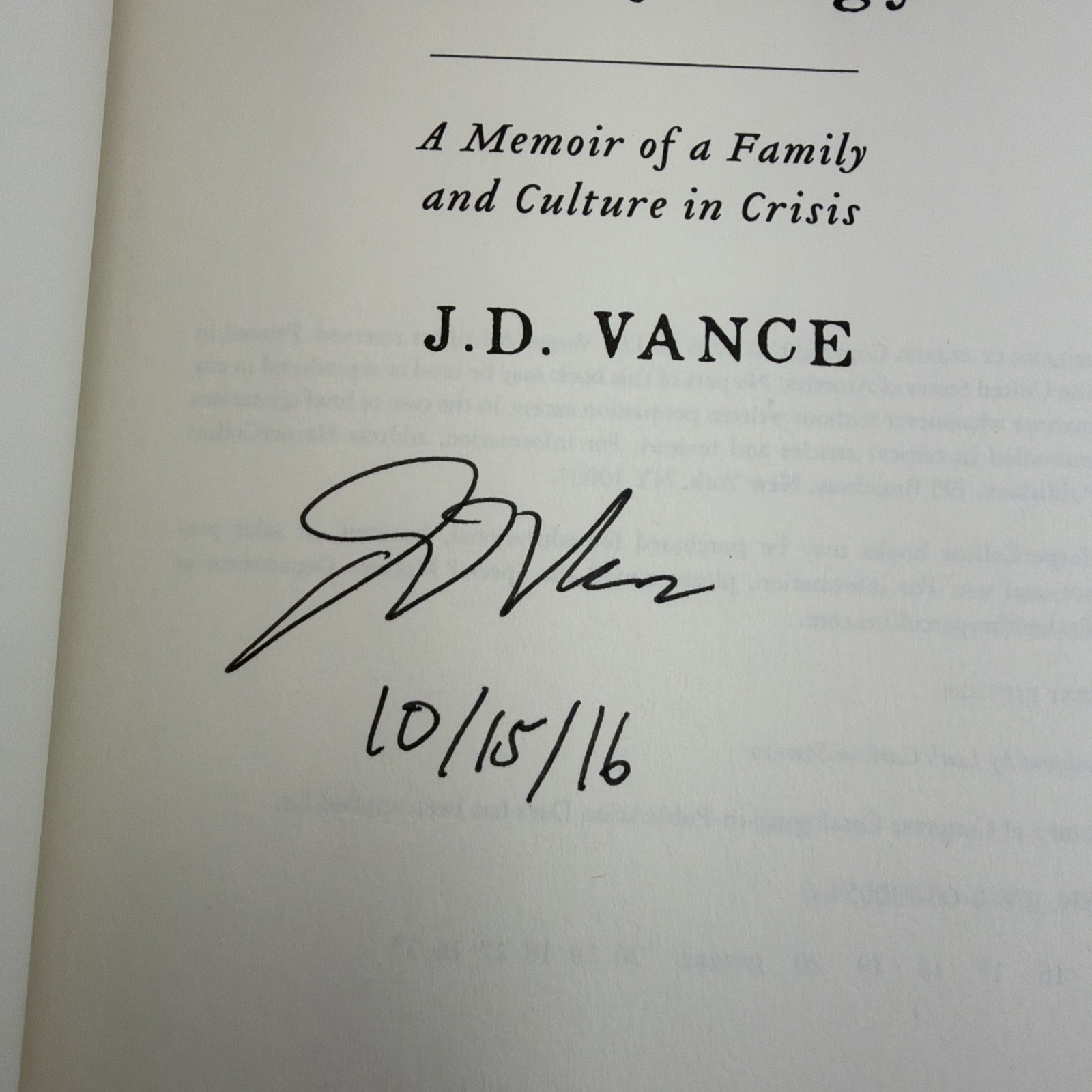 Hillbilly Elegy by JD Vance 1st edition SIGNED Vice President Signature VGC++