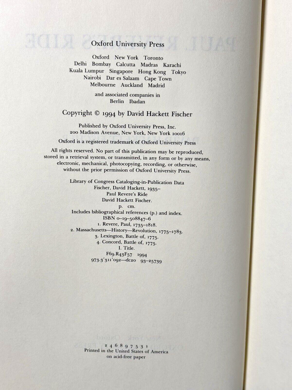David Hackett Fischer PAUL REVERE’S RIDE 1st Edition 1st Printing
