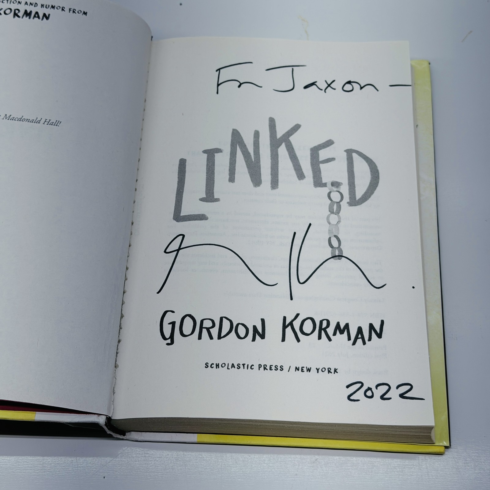 Linked by Gordon Korman Signed 1st Edition Hardcover 2021 Scholastic Press YA