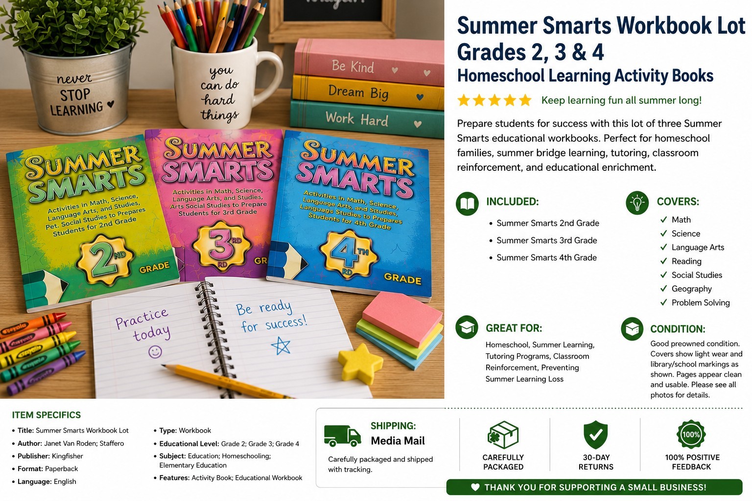 Summer Smarts Workbook Lot Grades 2 3 4 Homeschool Learning Activity Books