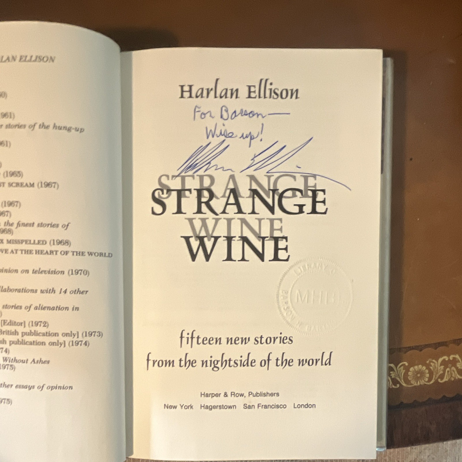Harlan Ellison Strange Wine HC 1st Ed Signed/Inscribed DJ 1978 Harper & Row