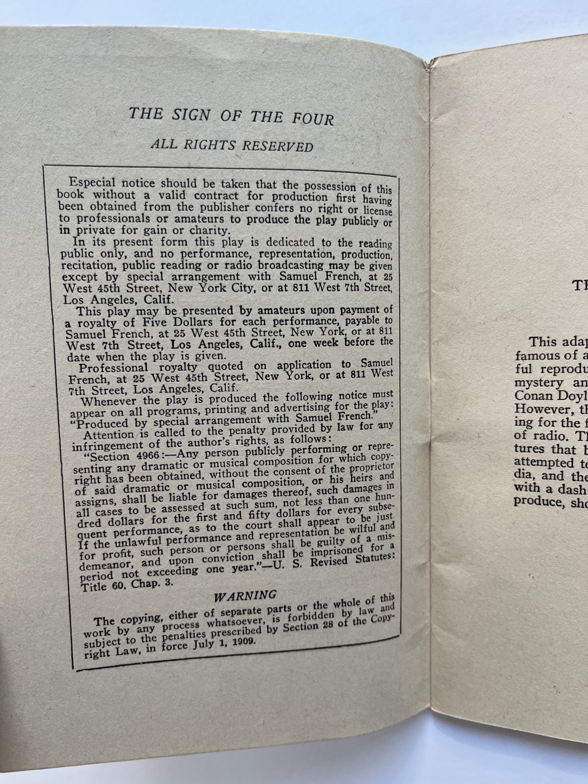 THE SIGN of FOUR Sherlock Holmes adventure ~ one act play 1937 Samuel French