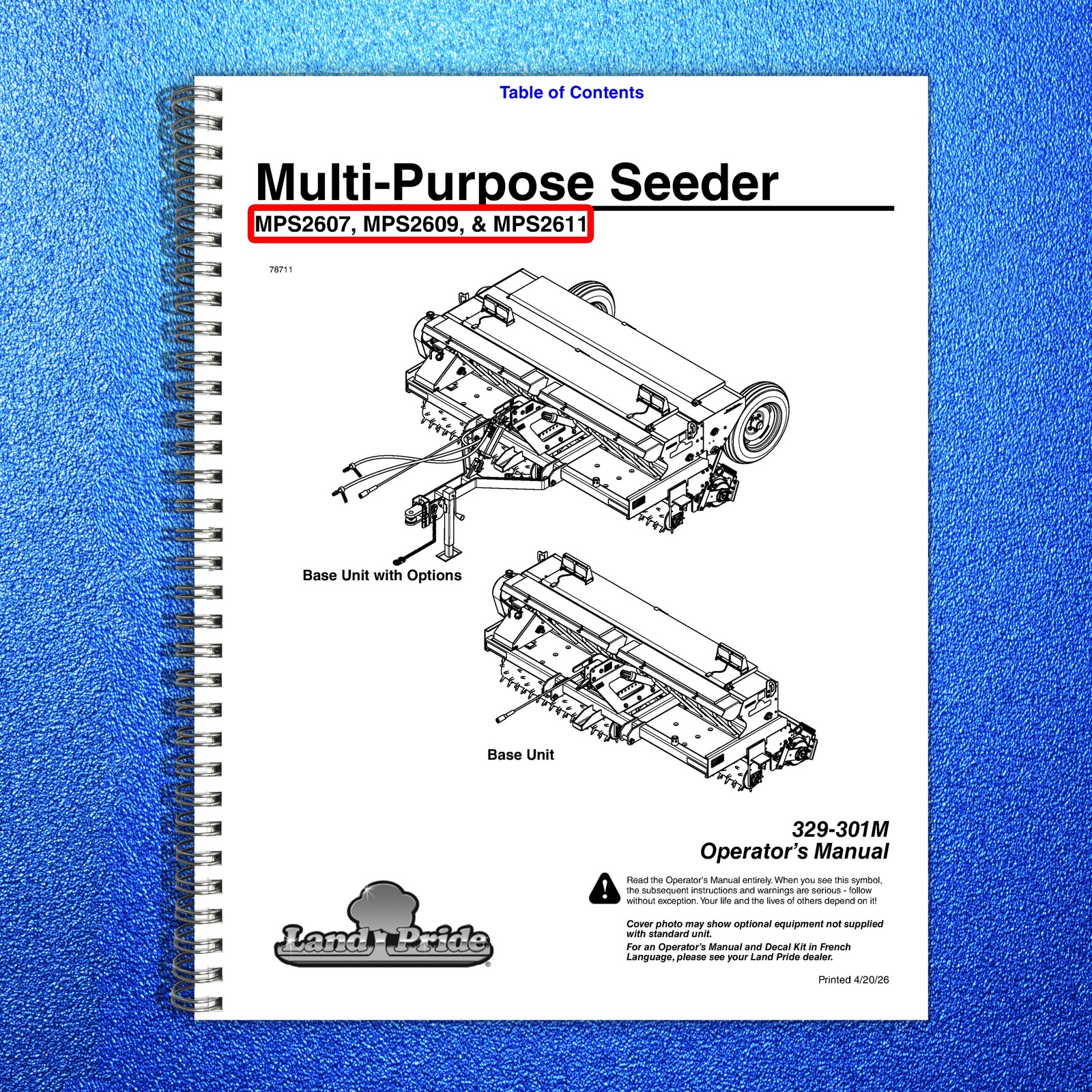 LAND PRIDE MPS26 Series Multi-purpose Seeder Operators Manual – WIRE BOUND