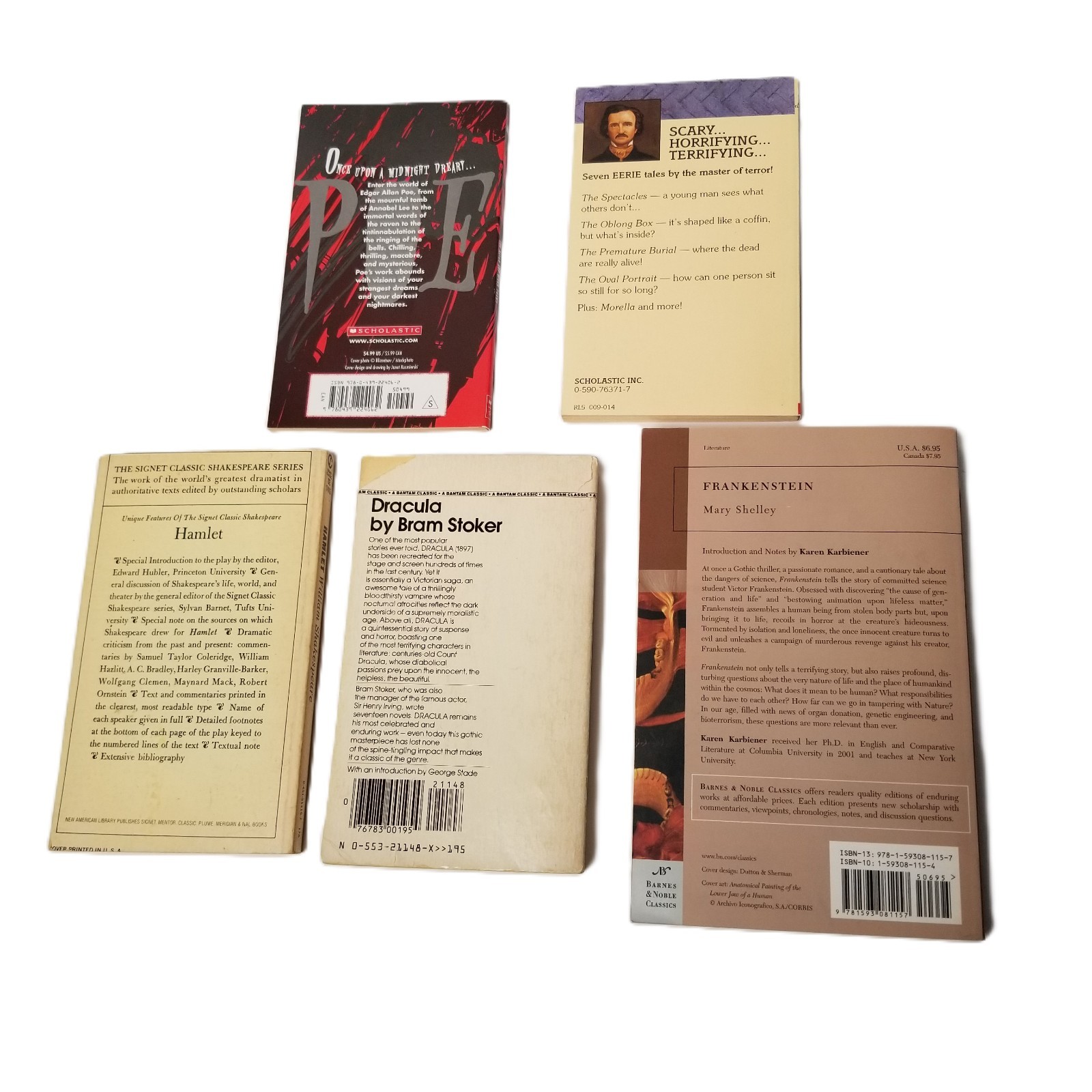 Gothic Classics Book Lot 5 Dracula Frankenstein Hamlet Edgar Allan Poe