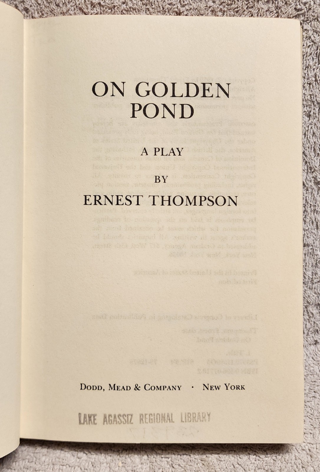 On Golden Pond A Play by Ernest Thompson 1st Edition 1979 Hardcover HCDJ ex lib