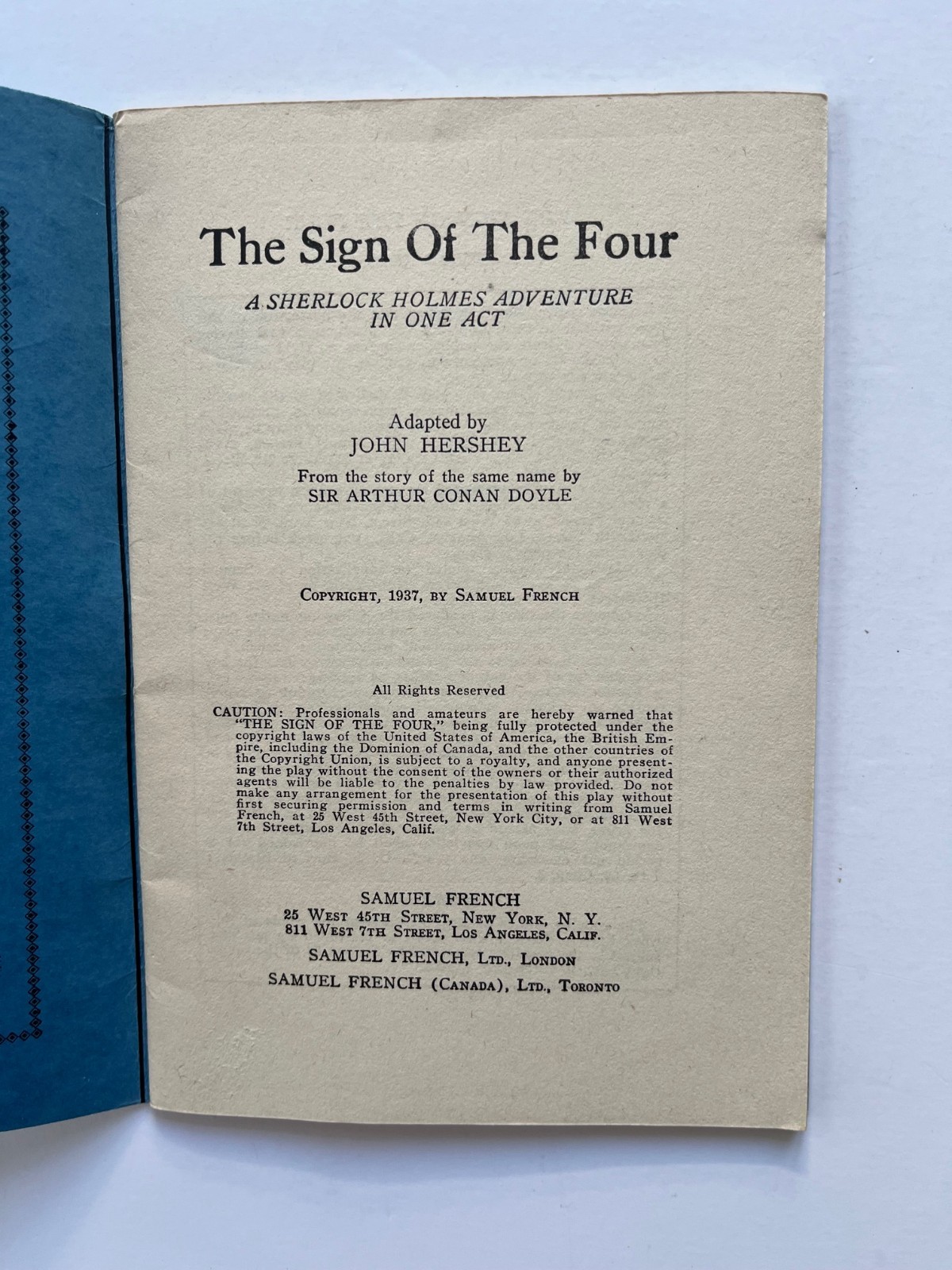 THE SIGN of FOUR Sherlock Holmes adventure ~ one act play 1937 Samuel French