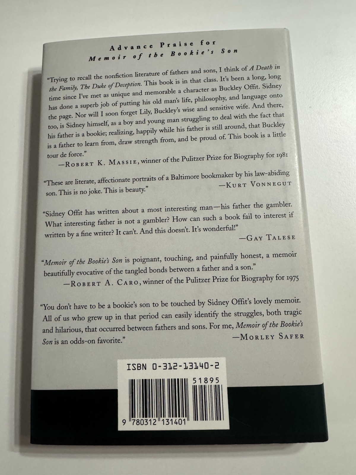 Memoir of the Bookie’s Son 1st/1st 1995 HCDJ Offit Vonnegut Blurb