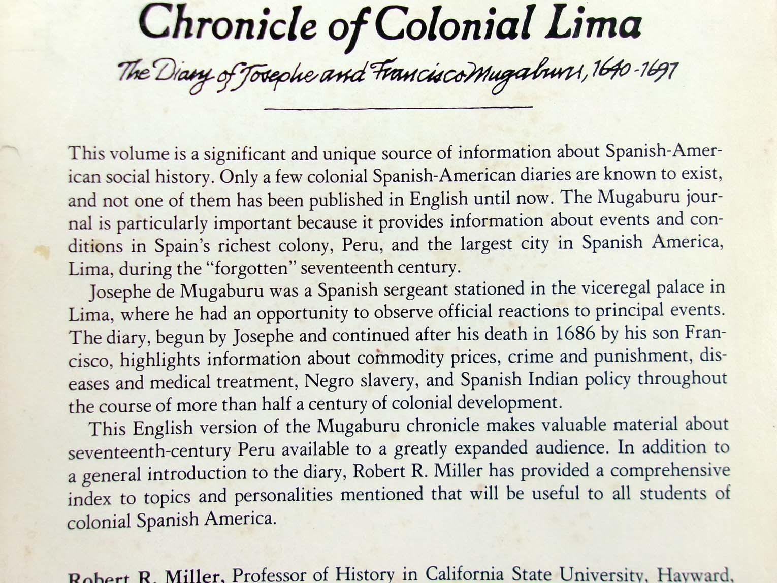 Chronicle of Colonial Lima 17thc Diary Journal Mugaburu 1600s Peru South America