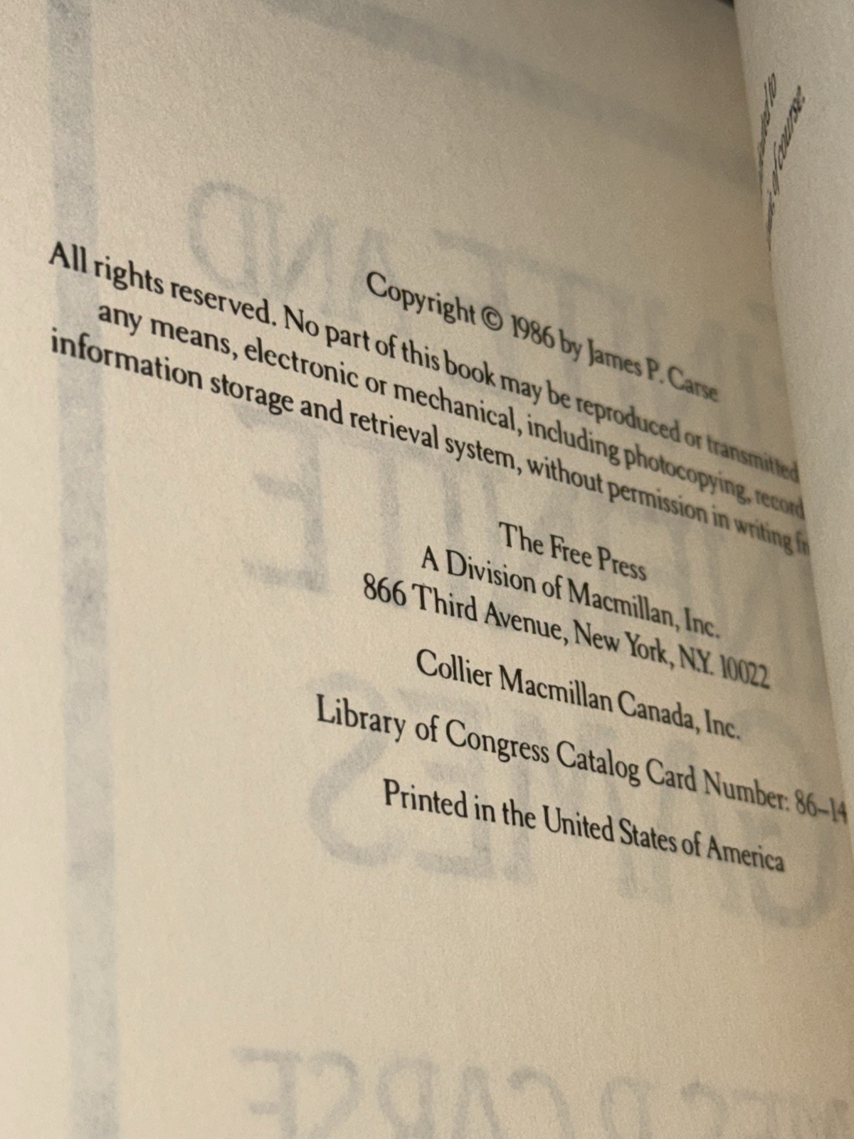 Finite and Infinite Games James P. Carse 1986 Edition Philosophy Paperback