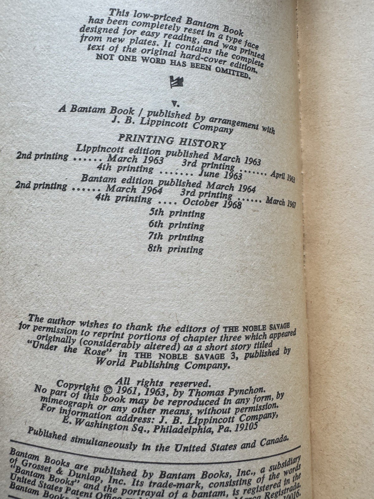 Thomas Pynchon V. Bantam Books Paperback 1963 Vintage Bantam Edition