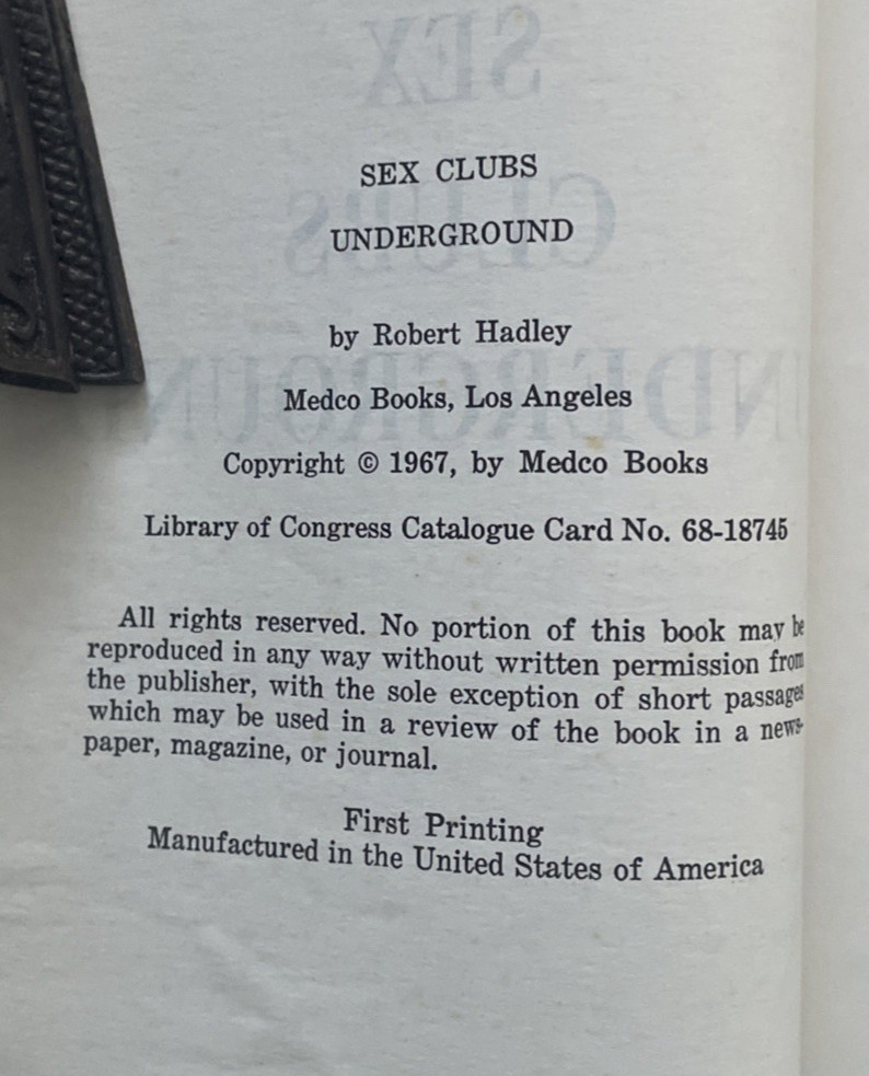 Sex Clubs Underground Robert Hadley 1967 True 1st Edition Medco Books MB-816