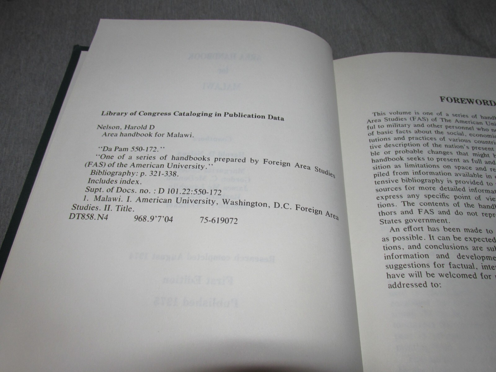 AREA HANDBOOK FOR MALAWI 1975 DA PAM 550-172 Hardcover