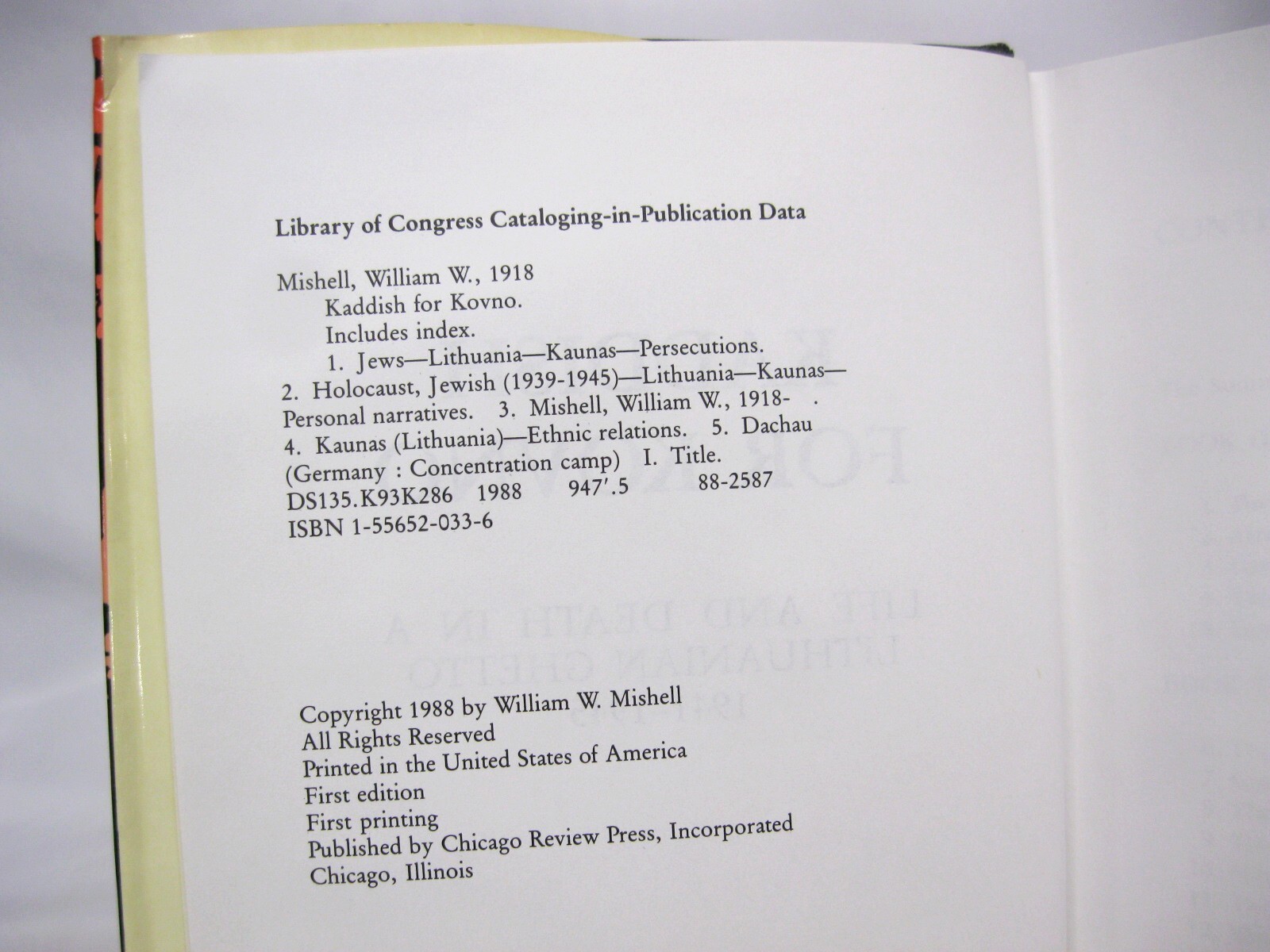 Kaddish for Kovno SIGNED by William W Mishell Lithuanian Ghetto WWII 1988 1st ed
