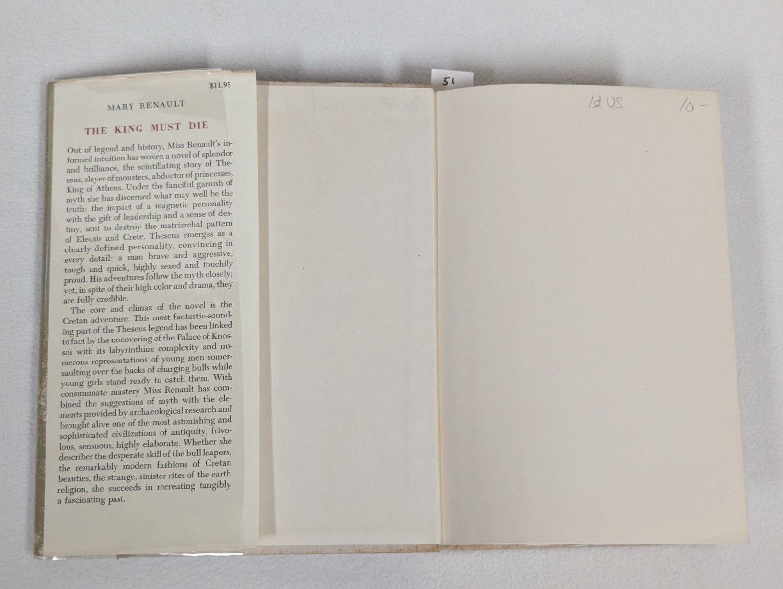 THE KING MUST DIE ~ Mary Renault ~ Vintage 1958 HCDJ in Mylar Jacket