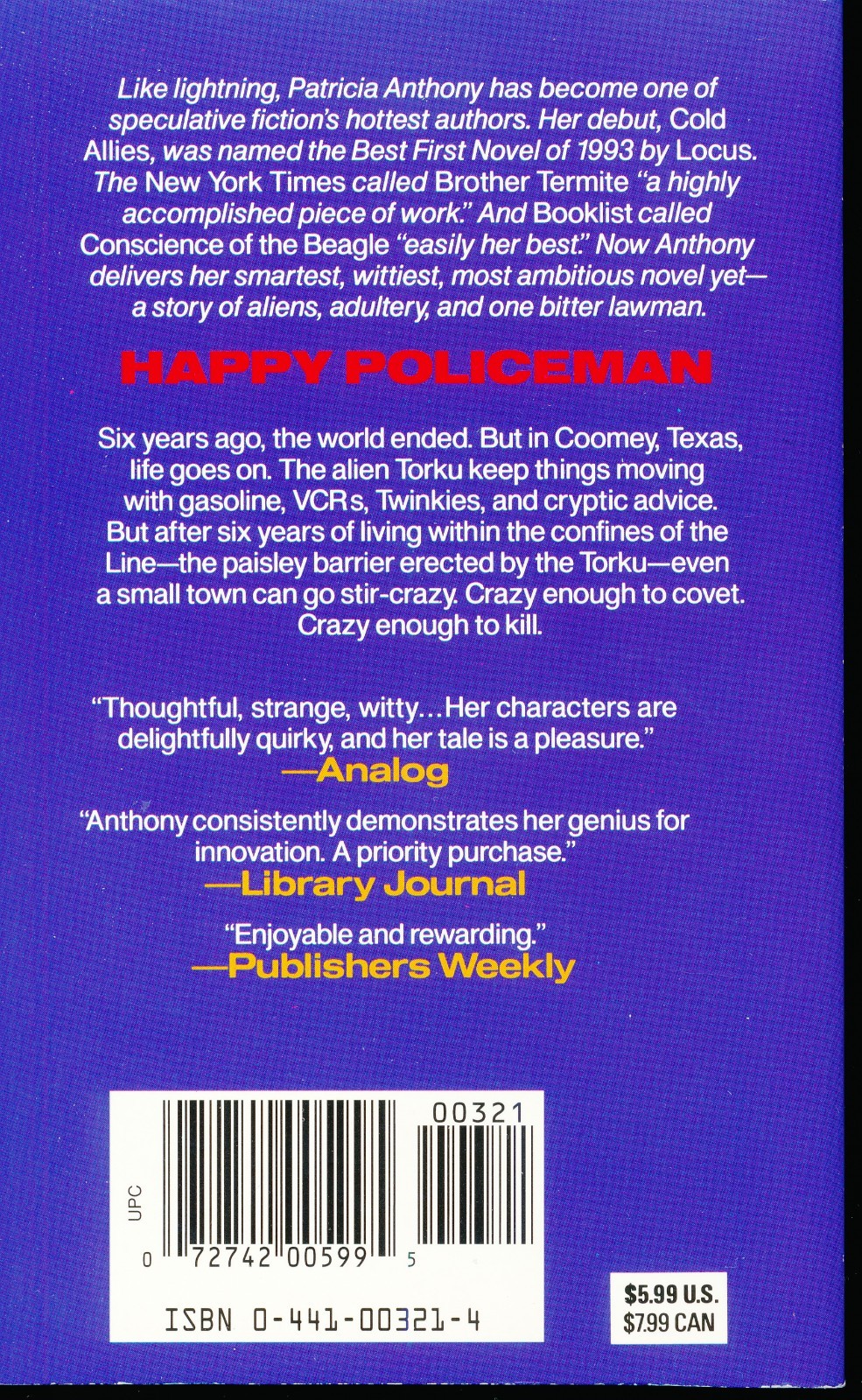 Happy Policeman by Patricia Anthony, Ace 00321, 1996