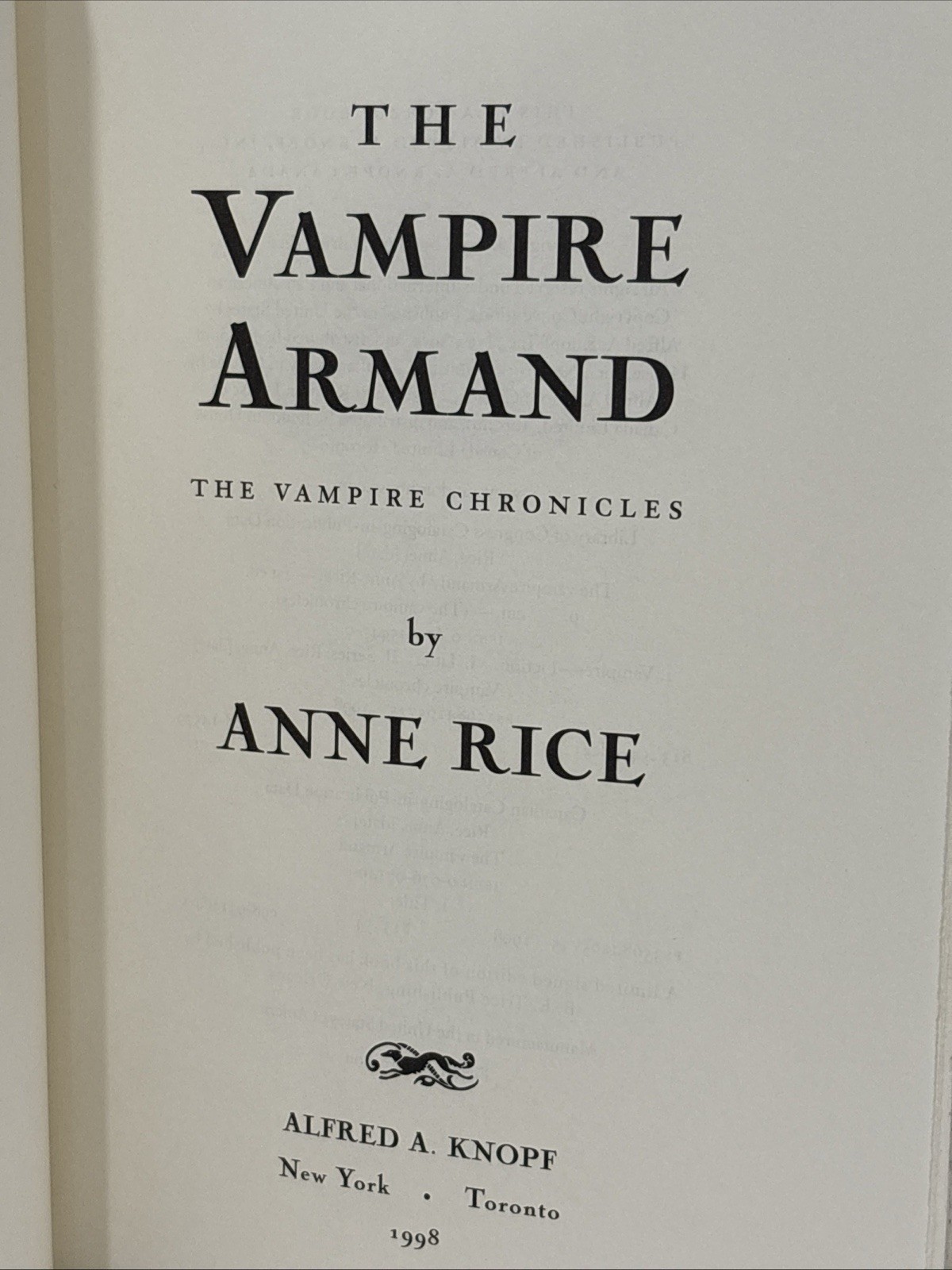 THE VAMPIRE Armand (1998, 1st Trade) by Anne Rice #6 in the Vampire Chronicles