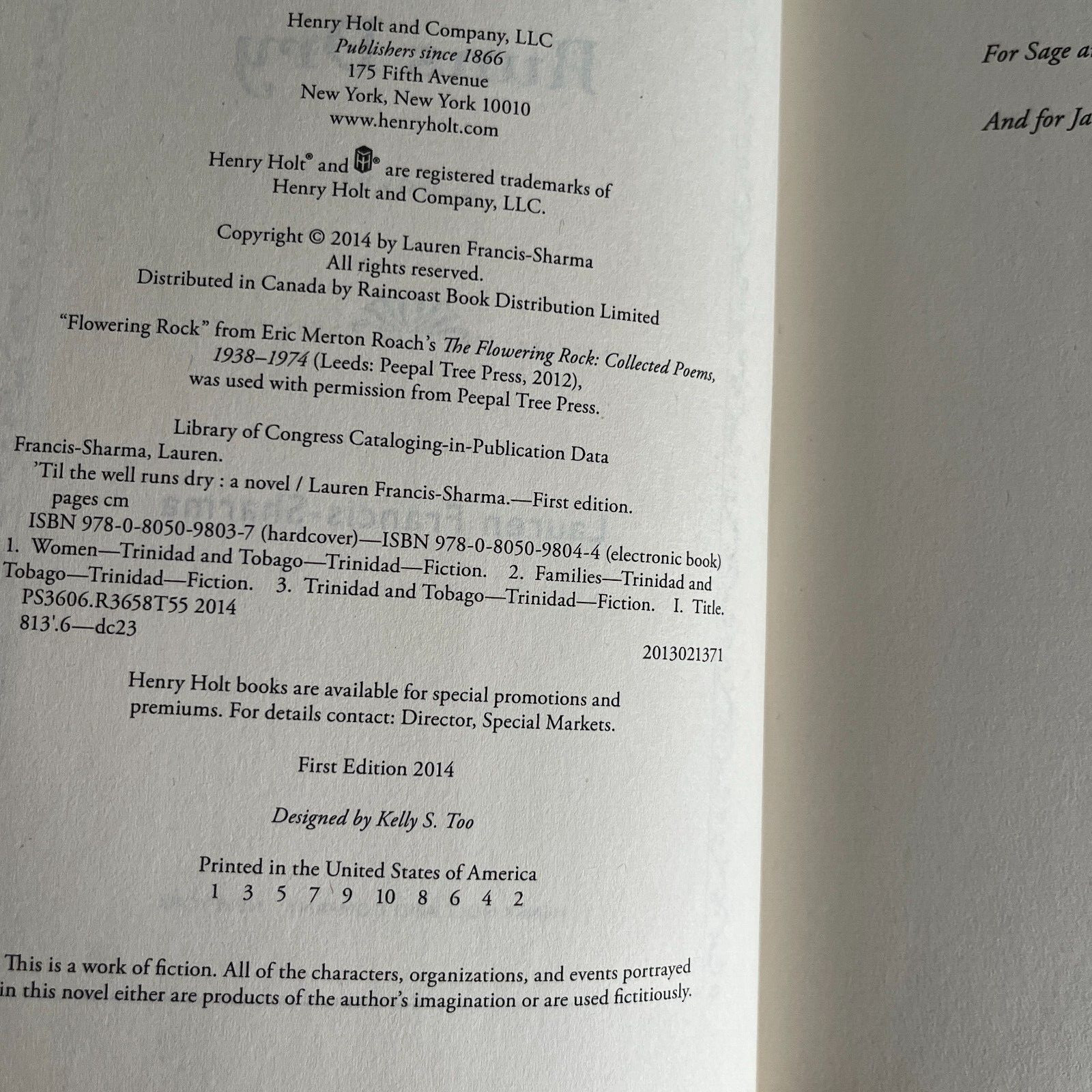 Til the Well Runs Dry by Lauren Francis-Sharma First edition 2014
