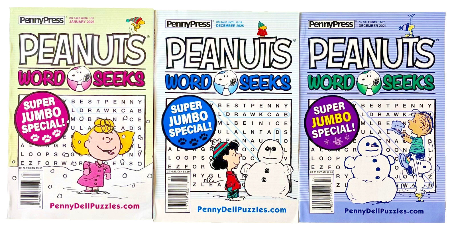 NEW Lot 3 Penny Press Peanuts Charlie Brown Word Search Seek Sept, Nov, Dec 2024