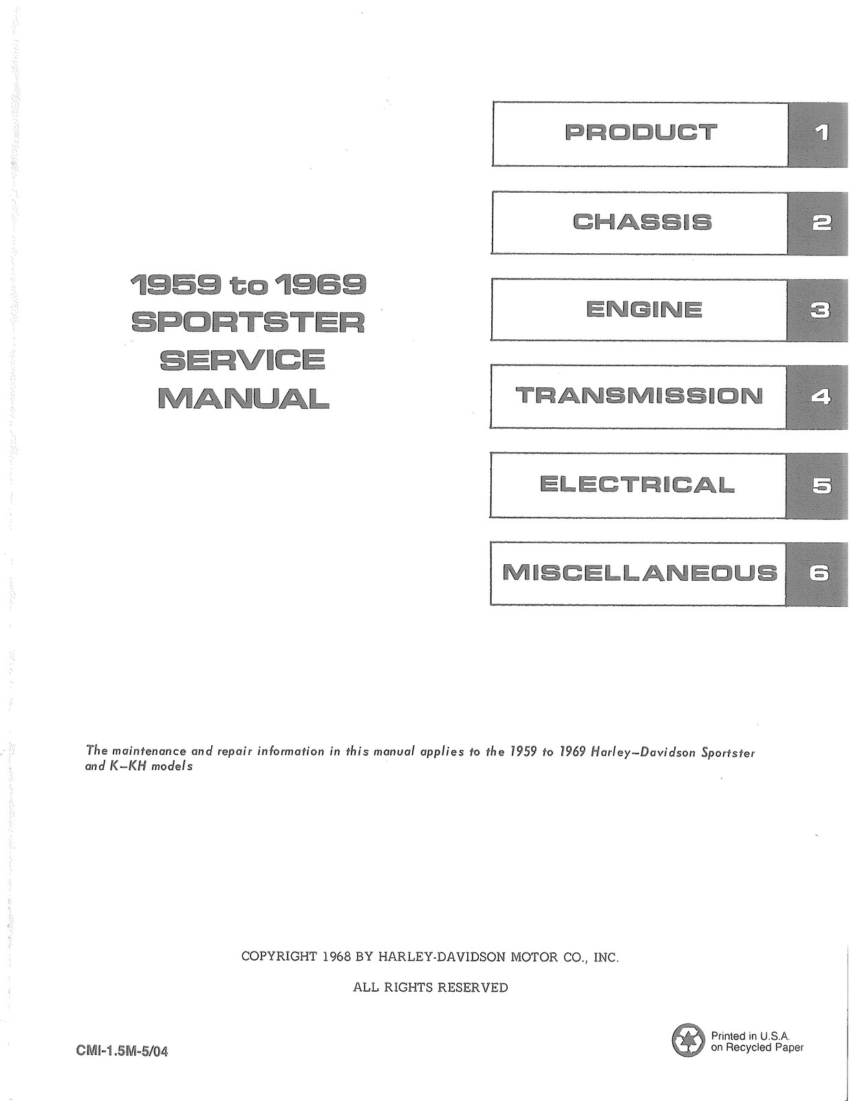 HARLEY-DAVIDSON Sportster Service Manual 1959 To 1969 – WIRE BOUND – COVERS