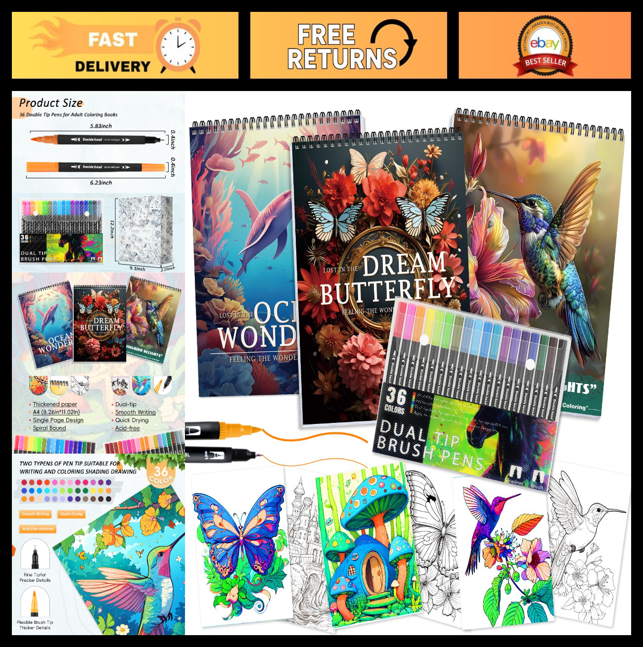 3Pcs Adult Coloring Book Set for Relaxation – 36 Dual Tip Markers, Mindfulness G