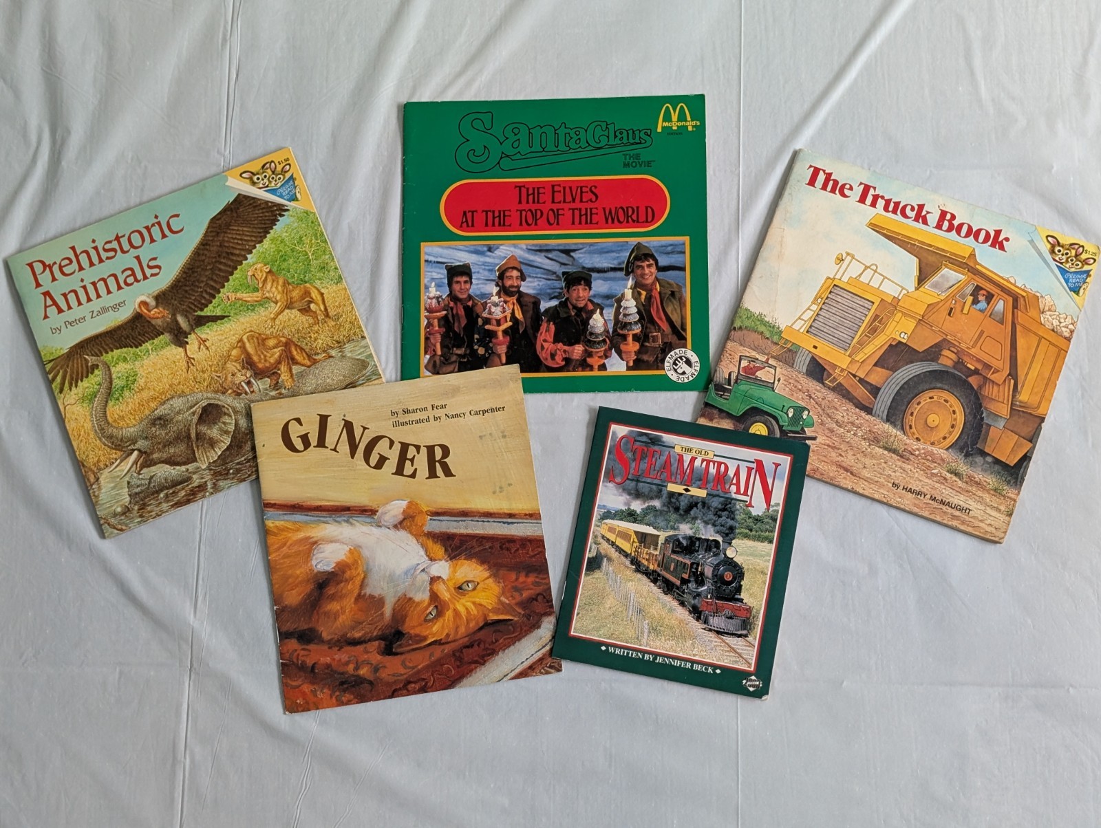 Vintage Children’s Book Lot (5) Trucks Trains Dinosaurs Cat McDs Xmas 1970s–1990