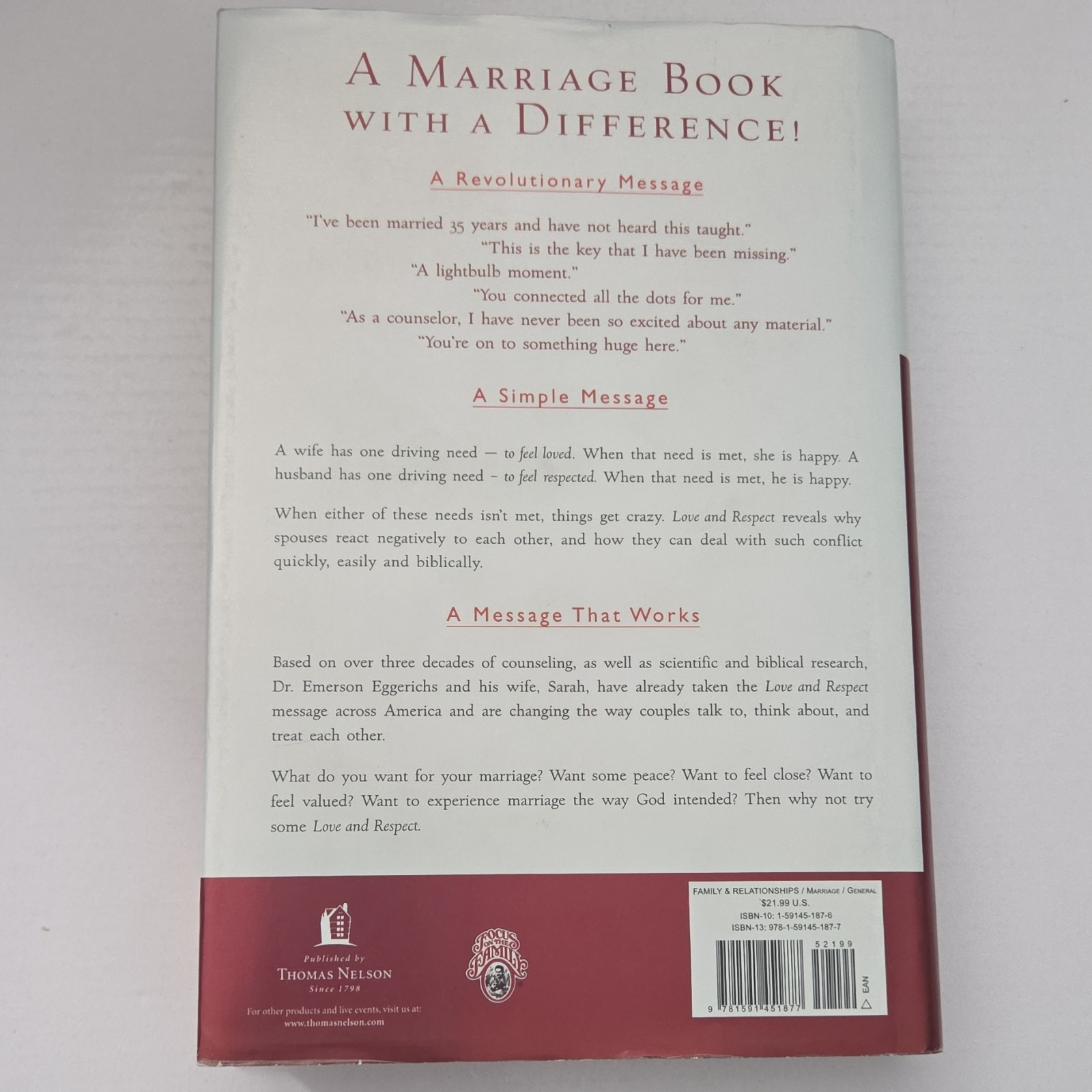 Love & Respect Emerson Eggerichs Hardcover Thomas Nelson Marriage Christian Life