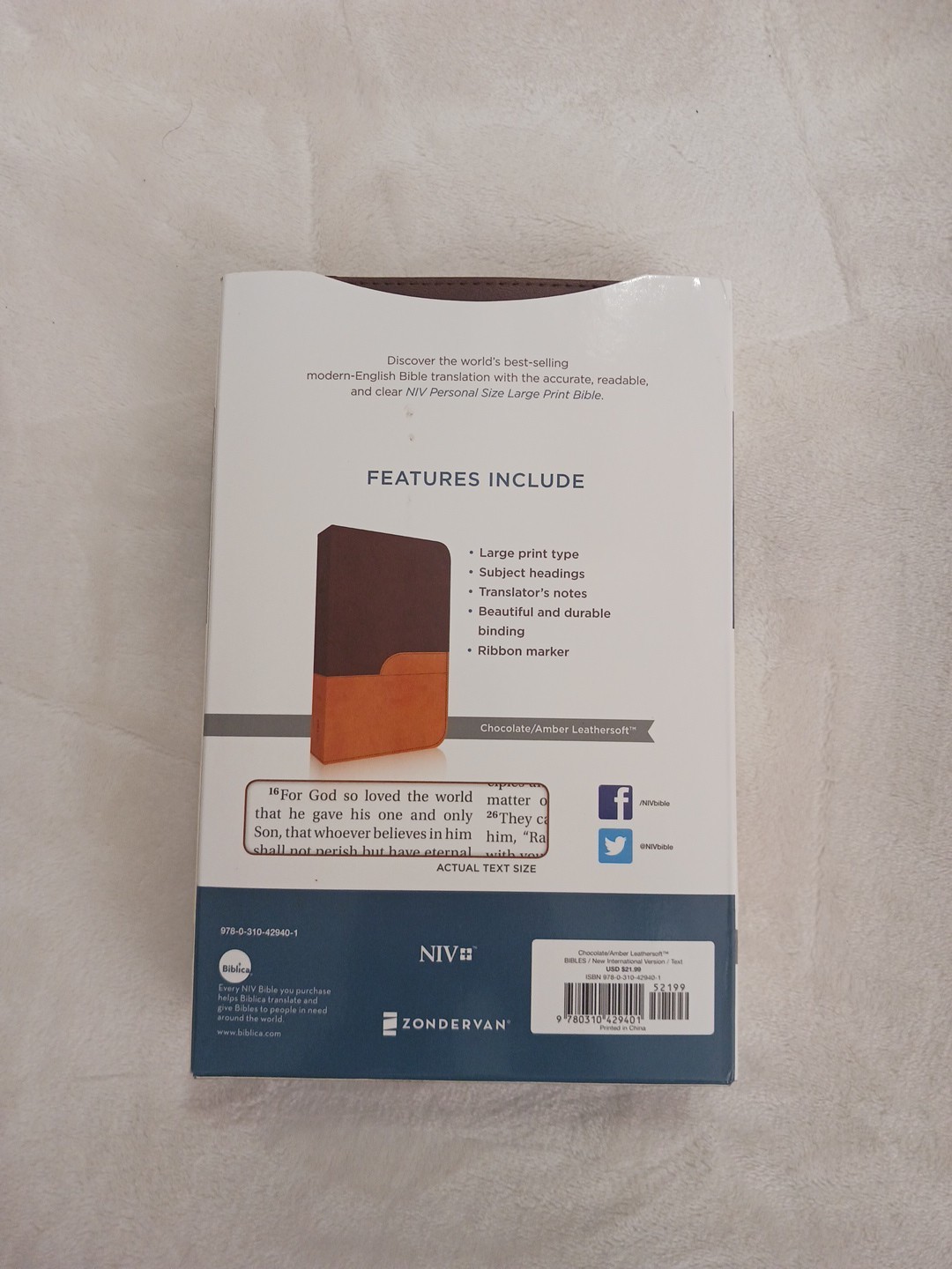 NIV Bible Large Print Lays Flat DuoTone Chocolate/Amber Leathersoft Brand New