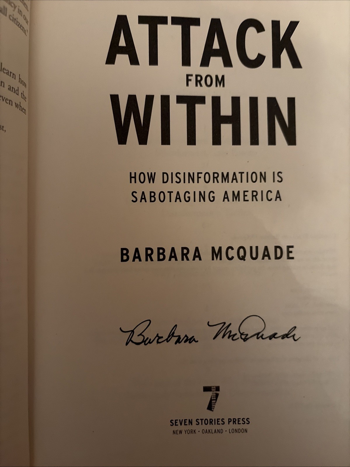 Attack from Within : Signed by Barbara McQuade Hardcover B341