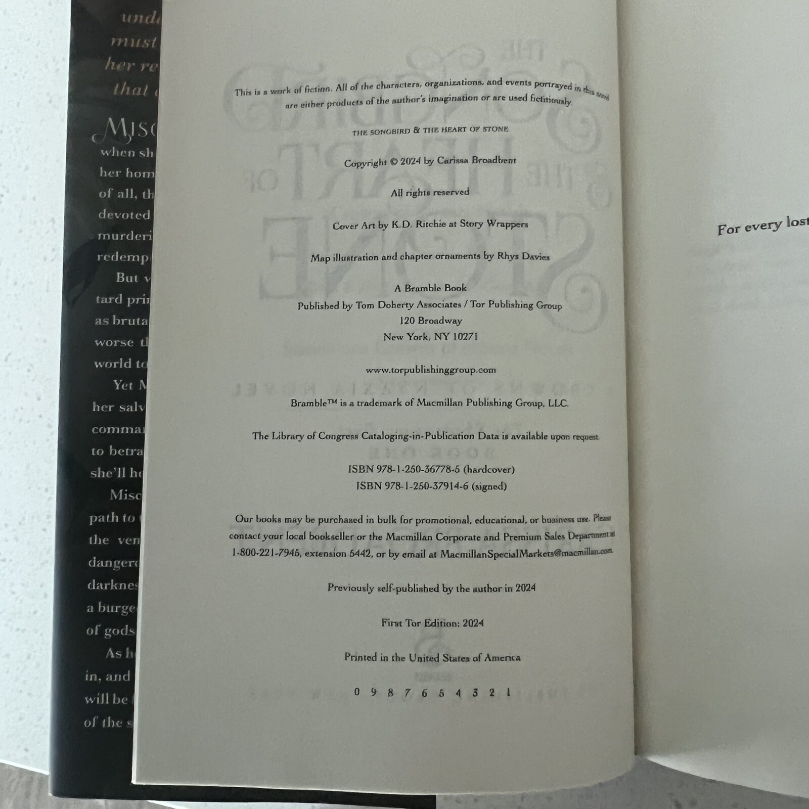 The Songbird And The Heart of Stone – Hand Signed – Carissa Broadbent Hardcover