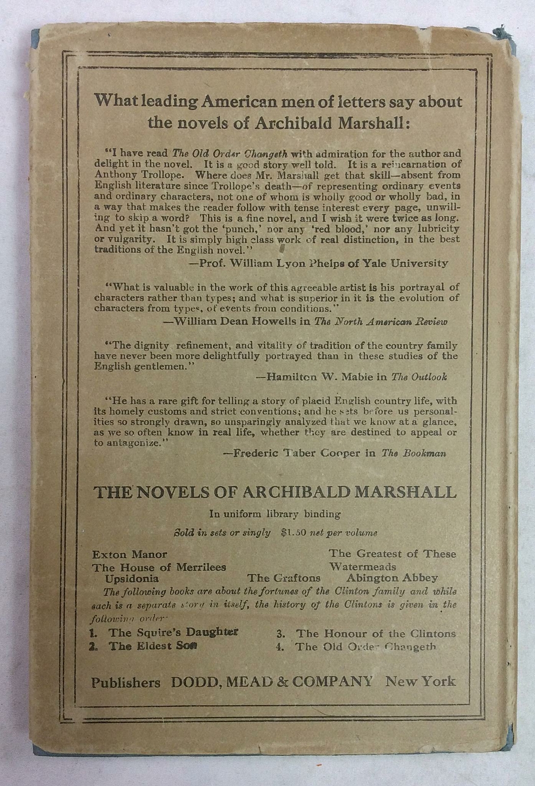 Archibald Marshall – by William Lyon Phelps, Ph. D. Hardcover DJ 1918 Good Cond.