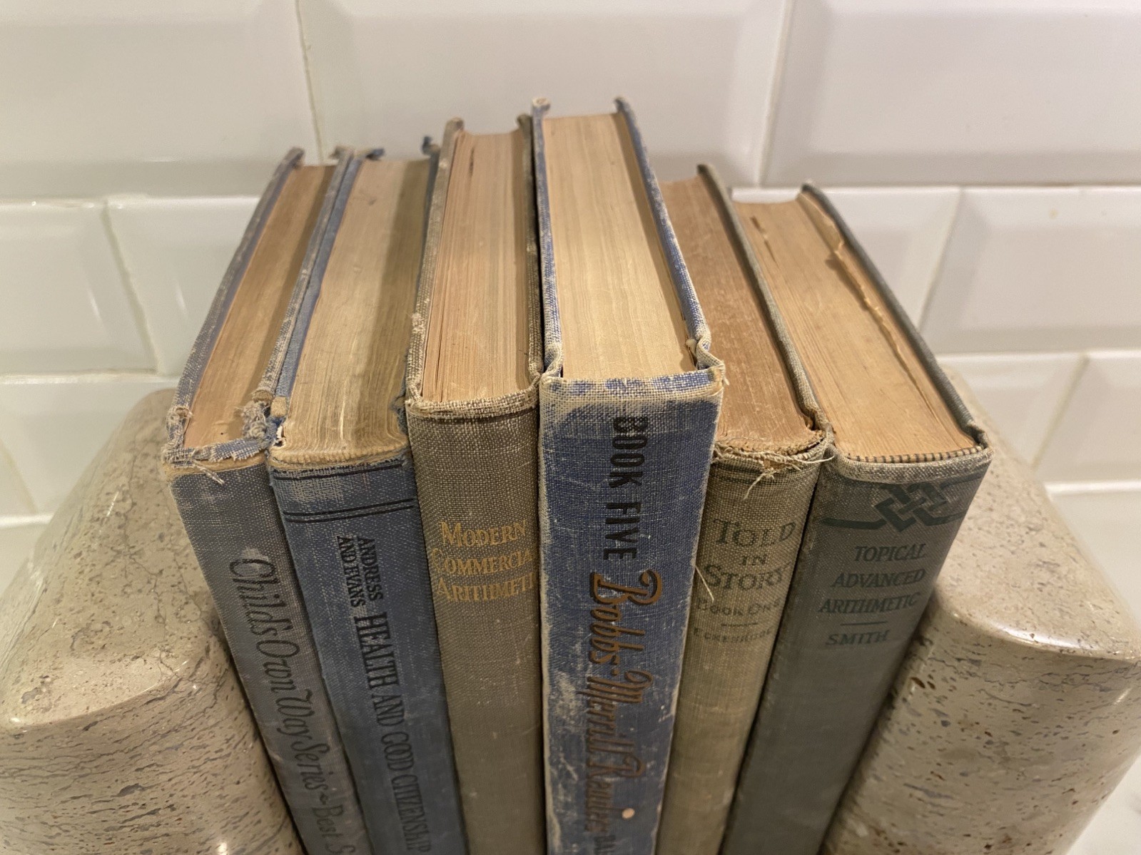 6 Book Lot Antique Vintage Reading, Math, History, Textbook Shelf Decor Set