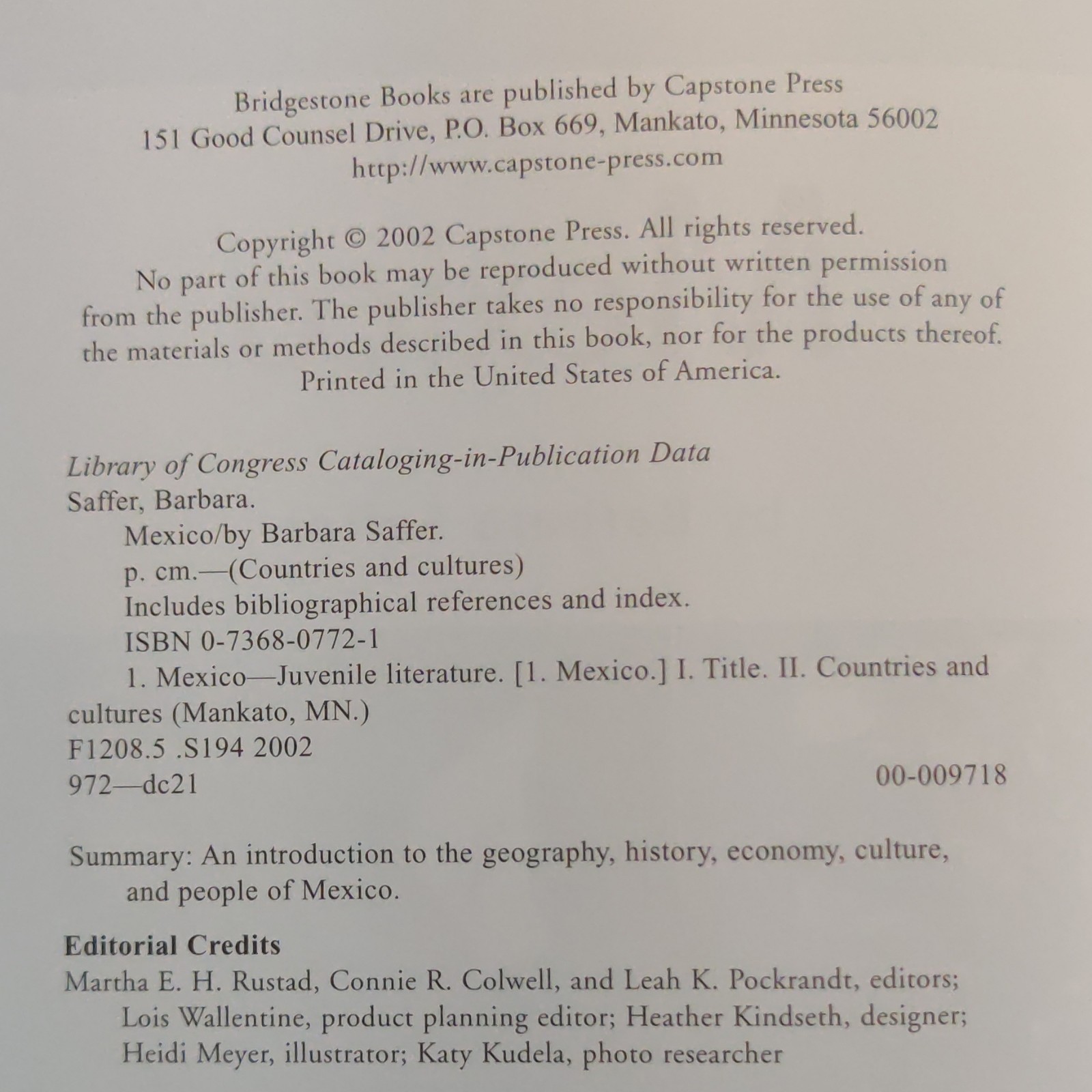 Mexico (Countries and Cultures) by Barbara Saffer, Capstone Press 2002 HC
