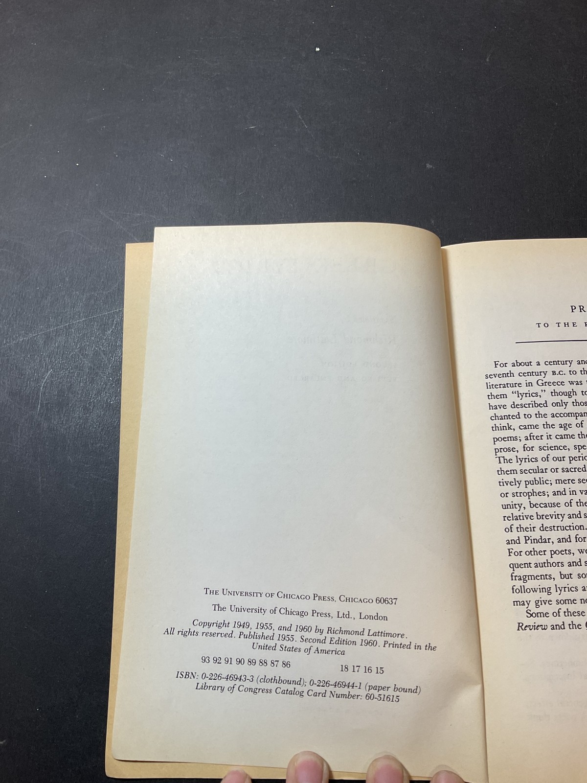 Greek Lyrics by Richmond Lattimore 1960 University of Chicago Press Paperback