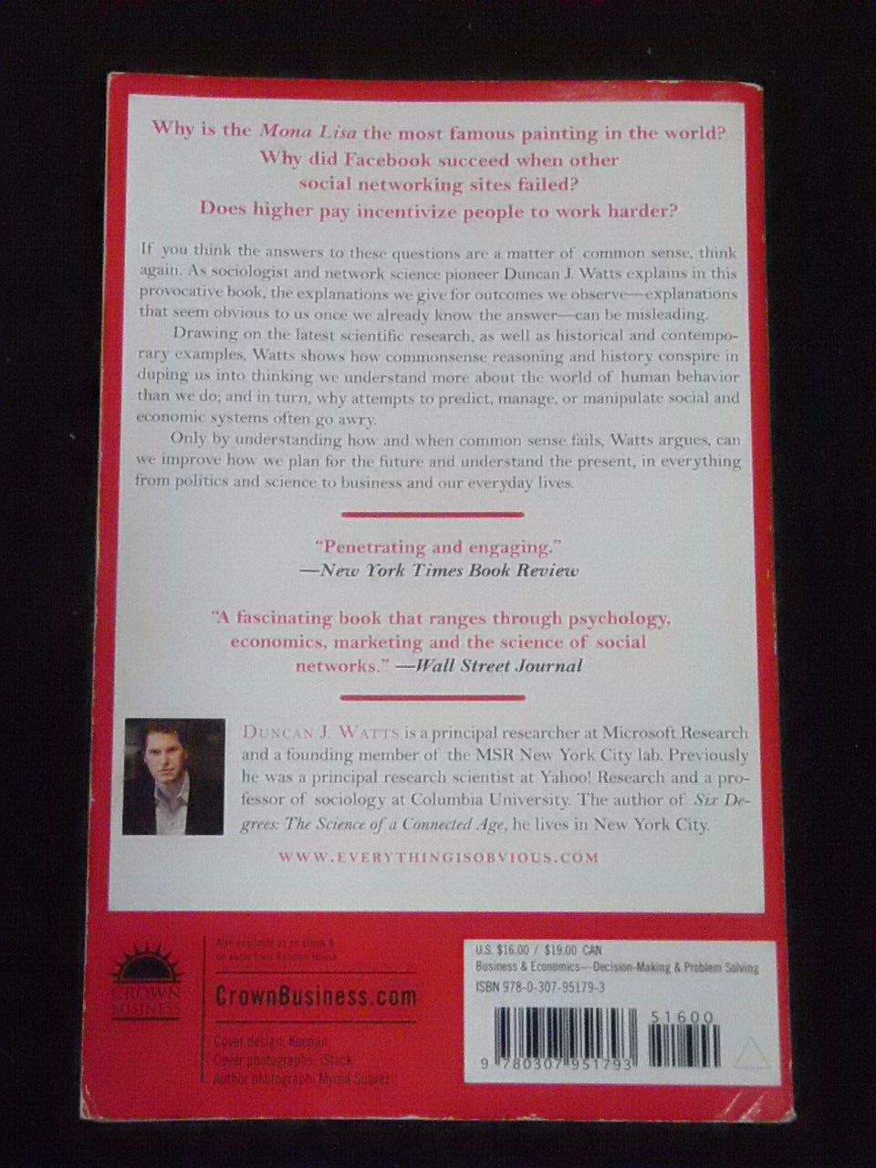 EVERYTHING IS OBVIOUS – 1st PAPERBACK ED – DUNCAN J WATTS – BUY FOR SCHOOL