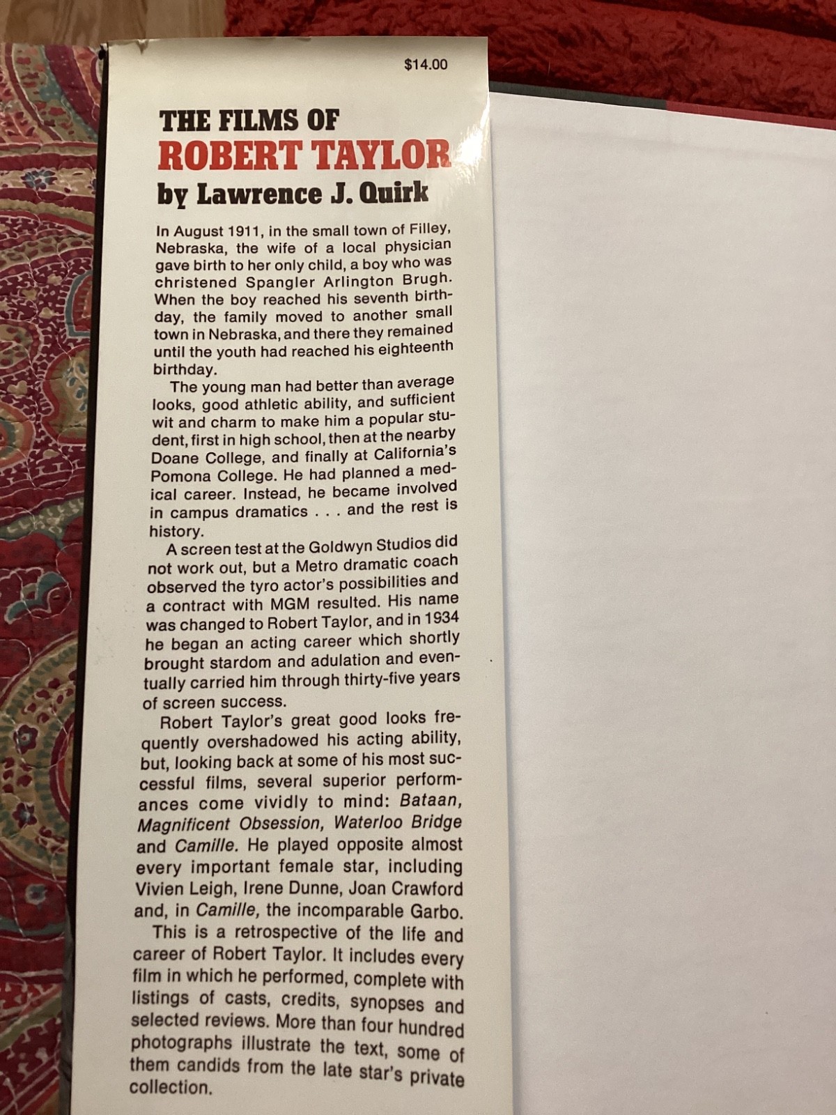 FILMS OF ROBERT TAYLOR, 1975 HC/DJ, VG. COND, 223 PAGES/ FREE POSTAGE!!!!