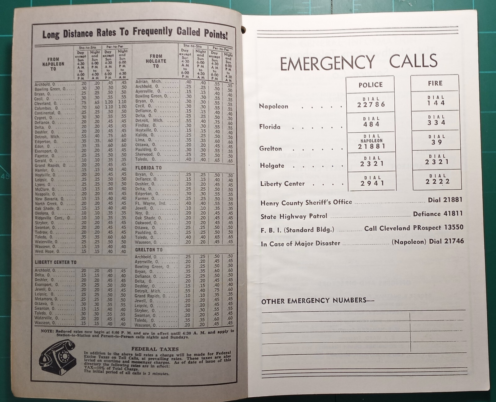 1958 Telephone Book Yellow Pages Napoleon Florida Grelton Holgate Liberty Center