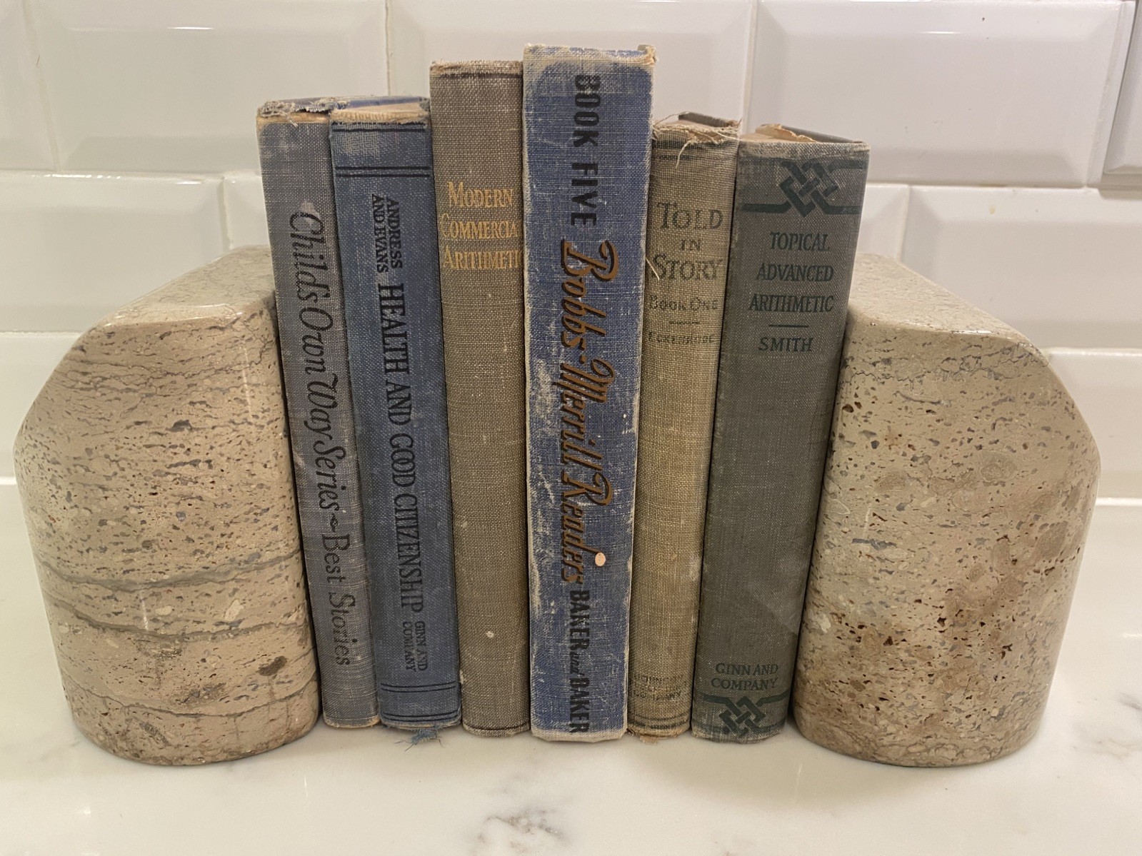 6 Book Lot Antique Vintage Reading, Math, History, Textbook Shelf Decor Set