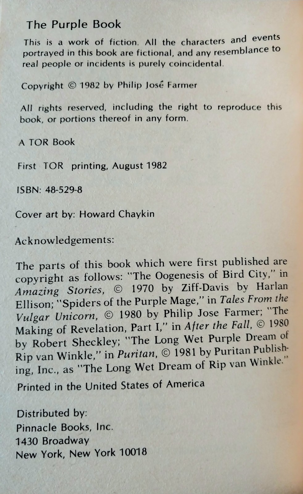 Philip Jose Farmer – The Purple Book – Tor Books First Printing 1982