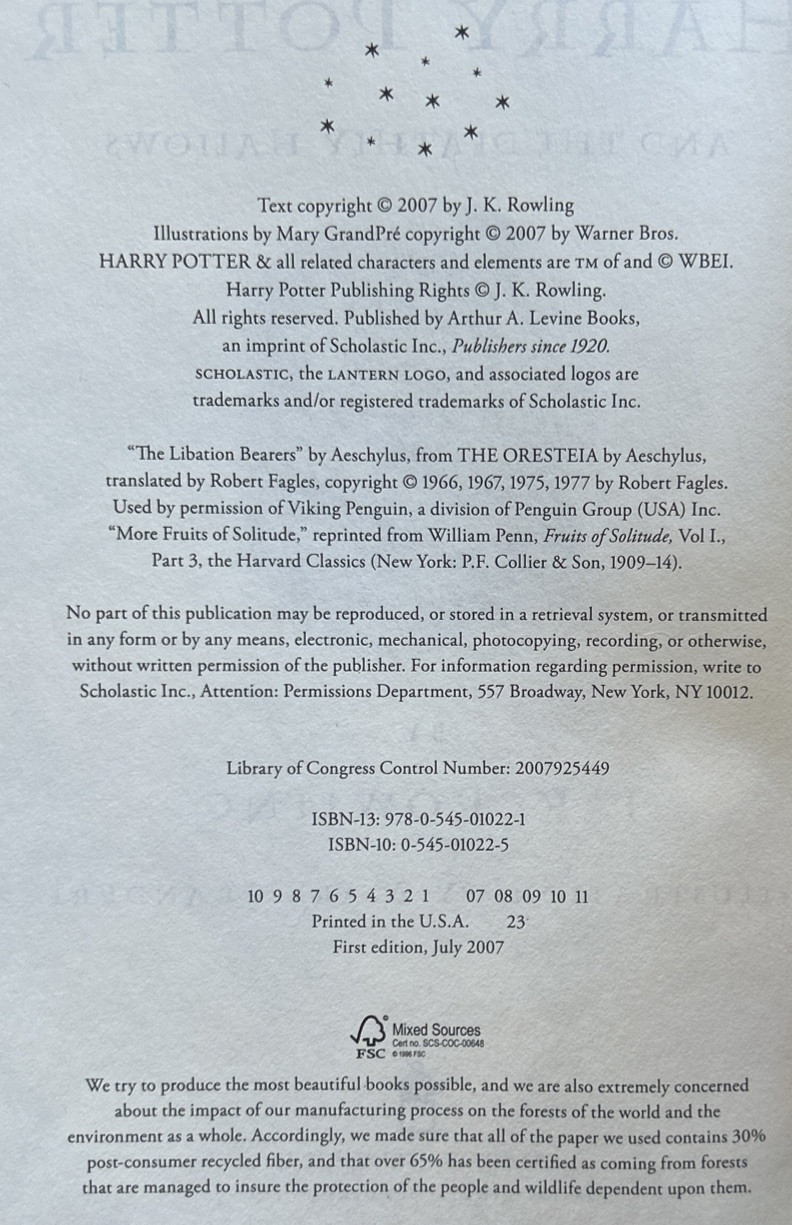Harry Potter and the Deathly Hallows 2007 First Edition Hardcover Error Page 759