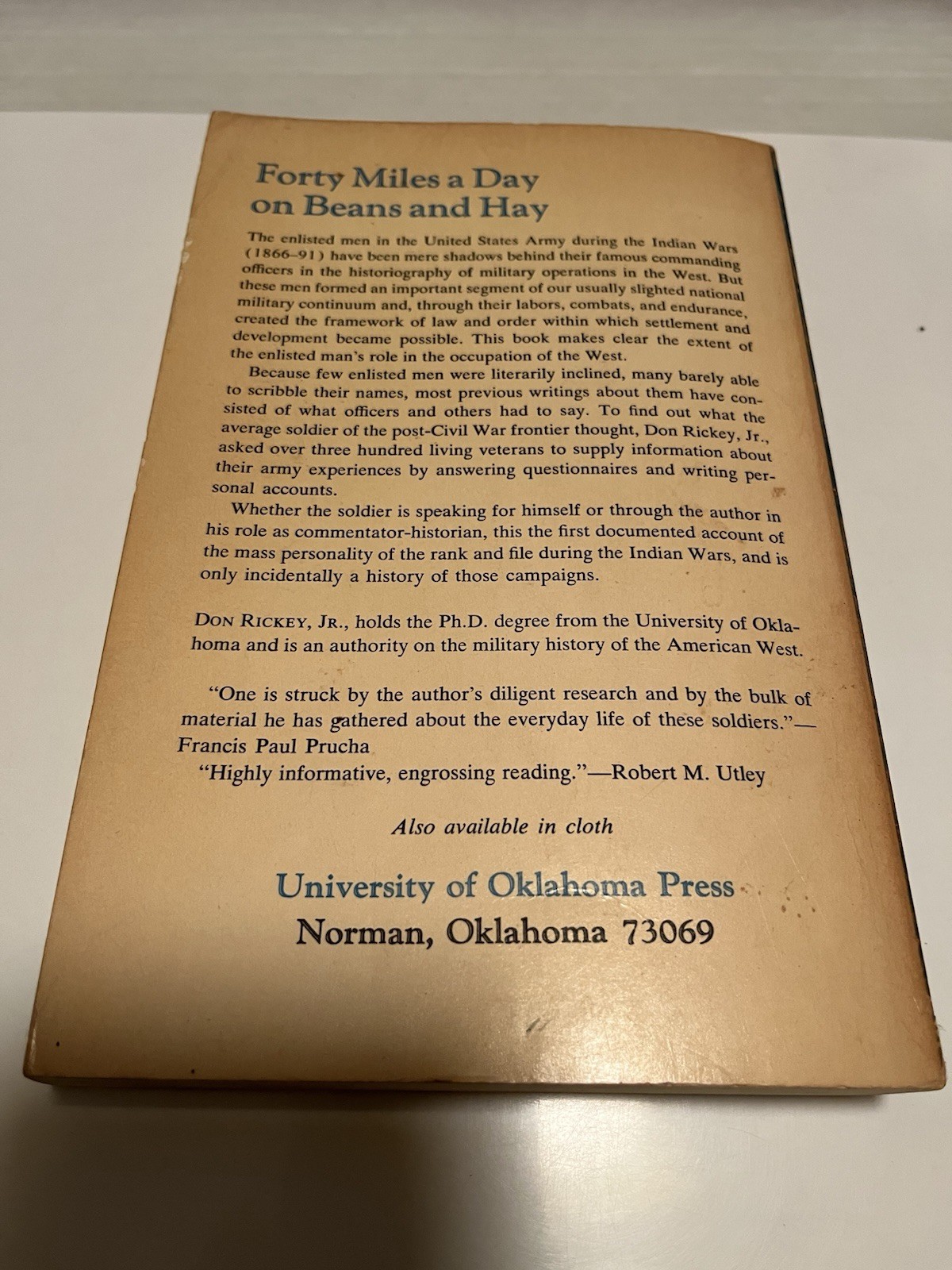 FORTY MILES A DAY ON BEANS AND HAY by Don Rickey Jr. TPB 1972 US Army 1st Print