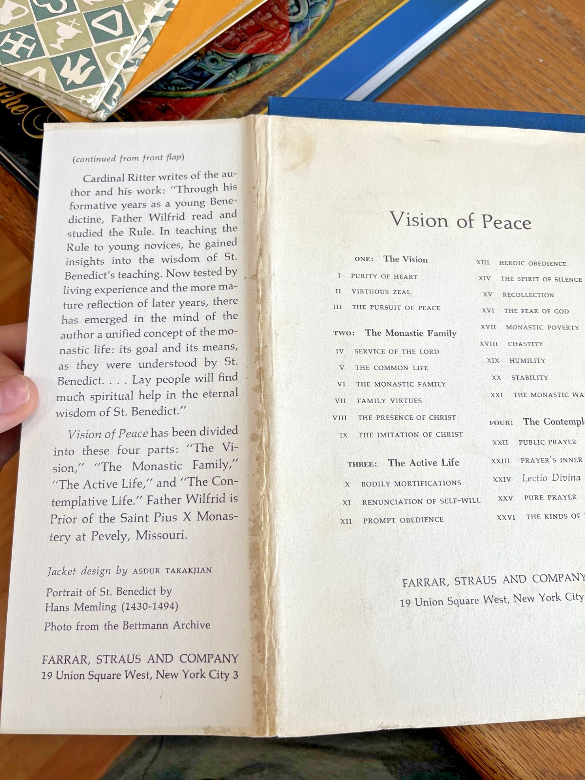 Vision of Peace by Wilfrid Tunink (1963 Hardback) On the Rule of St. Benedict