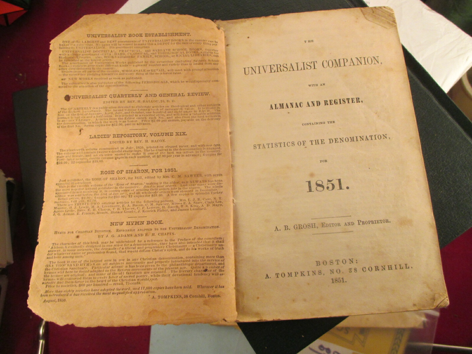 Universalist Companion, with an Almanac and Register 1851 Edition 60 Pages
