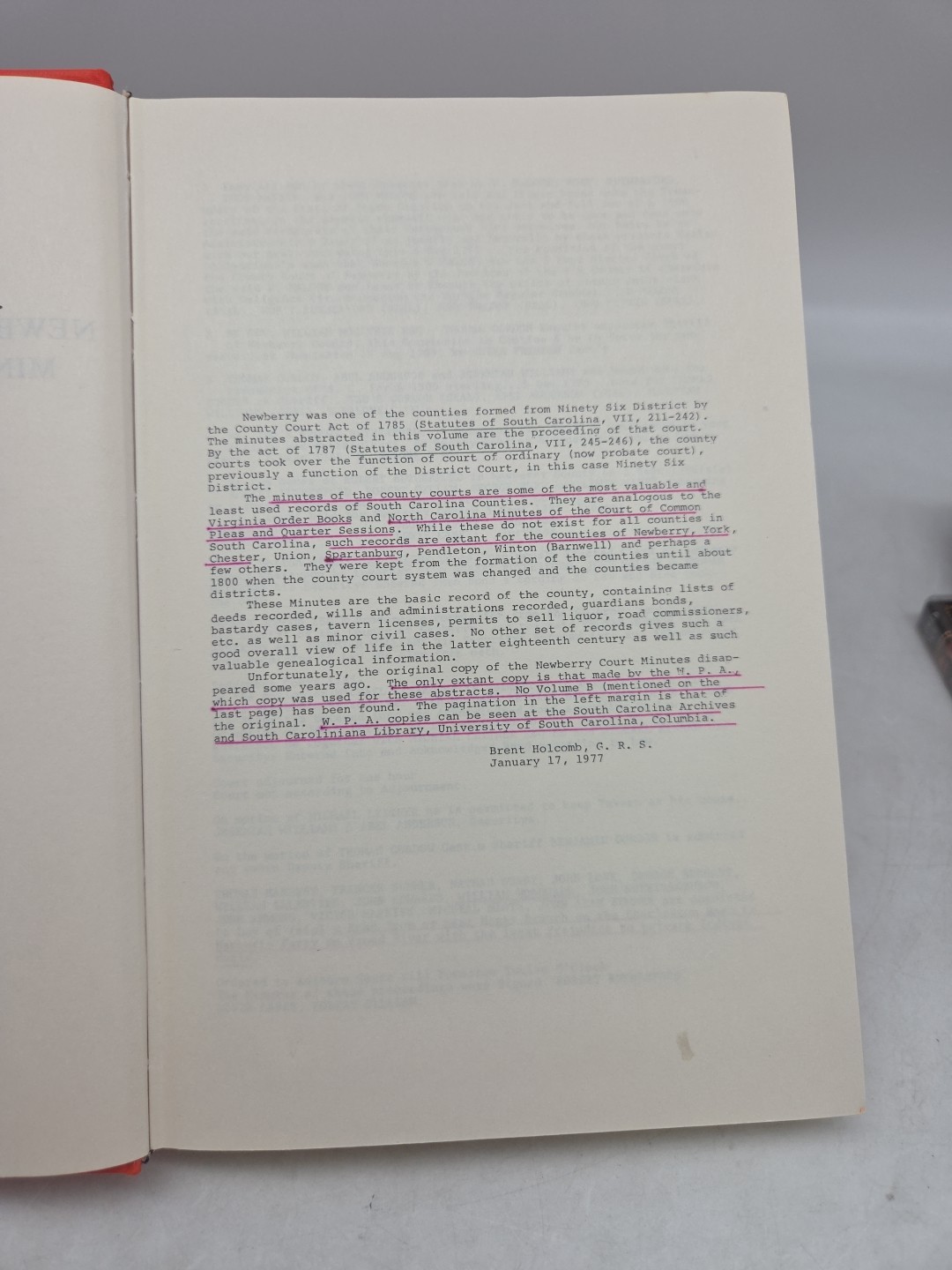 NEWBERRY COUNTY, S.C. MINUTES OF THE COUNTY COURT, 1785-1798 – HOLCOMB, HC, 1977