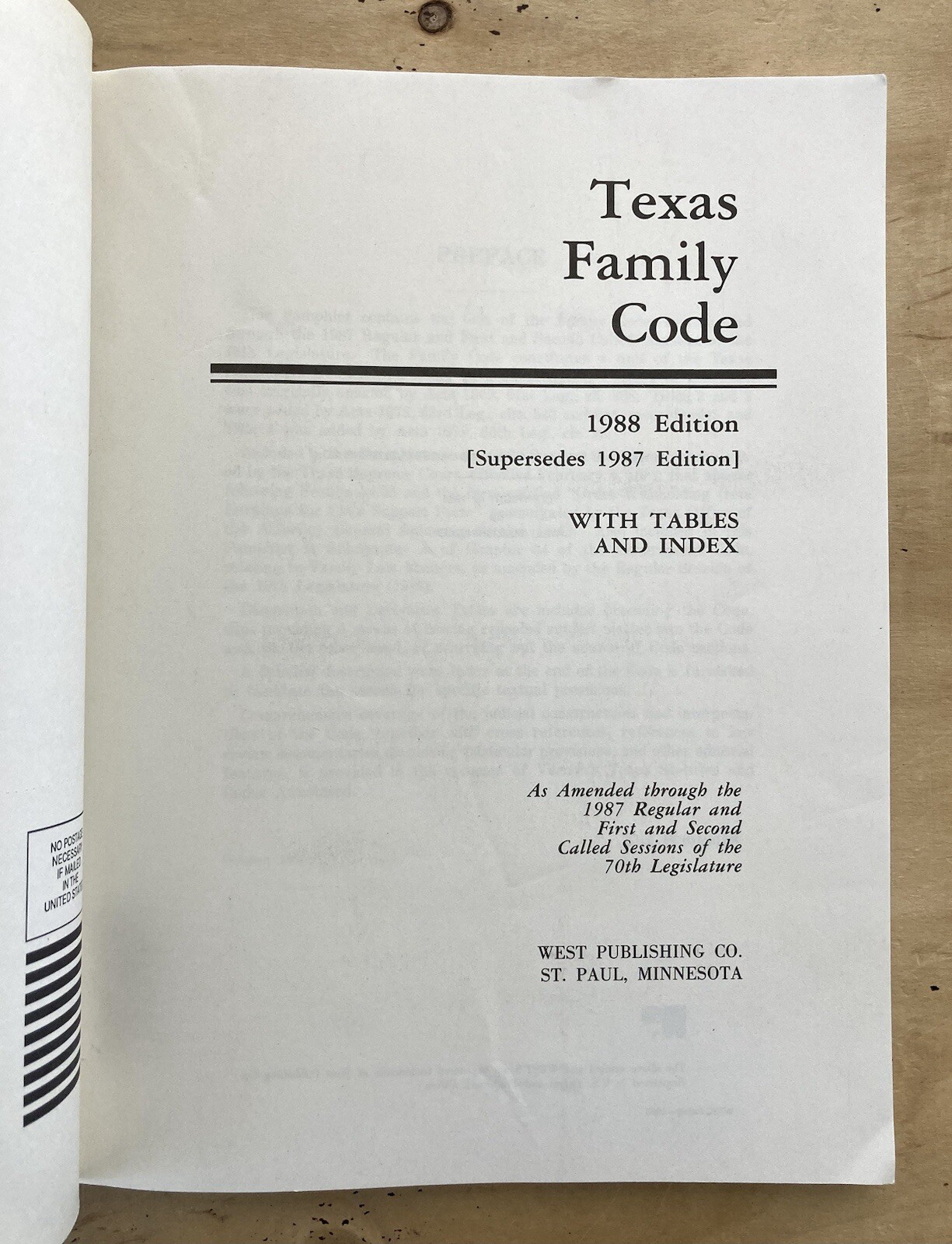 Texas Family Code 1988 Edition by West Publishing Co