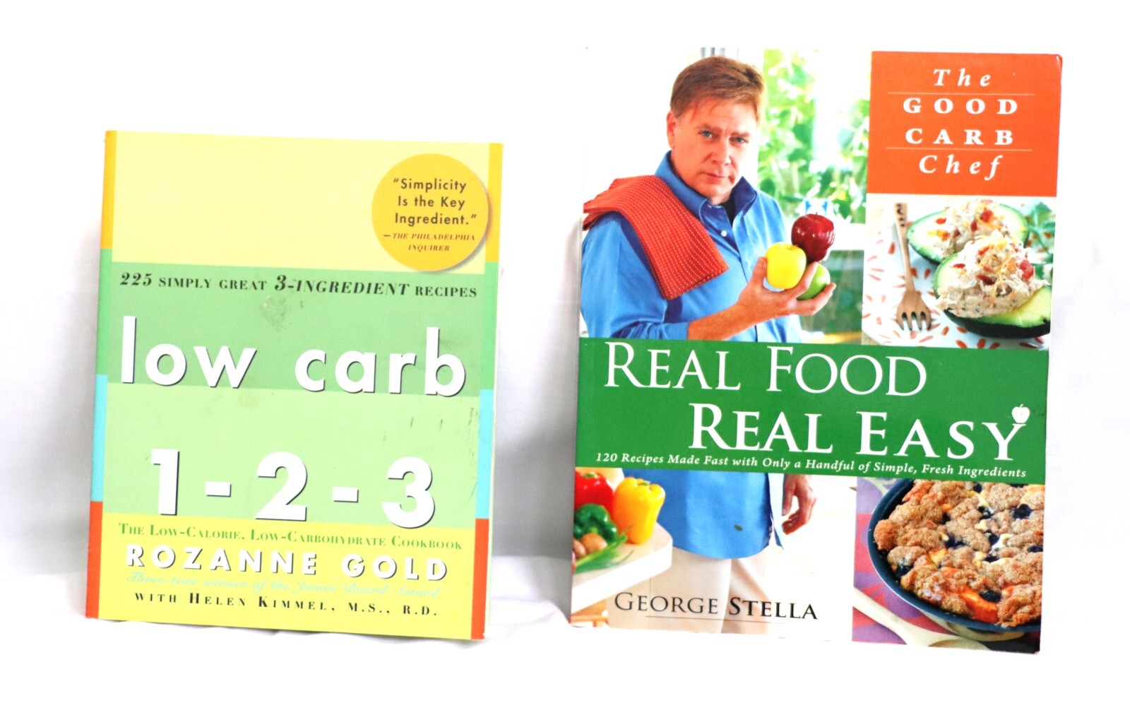 Lot of 2 Books Low Carb 1-2-3, Rozanne Gold & Real FOOD REAL EASY, George Stella