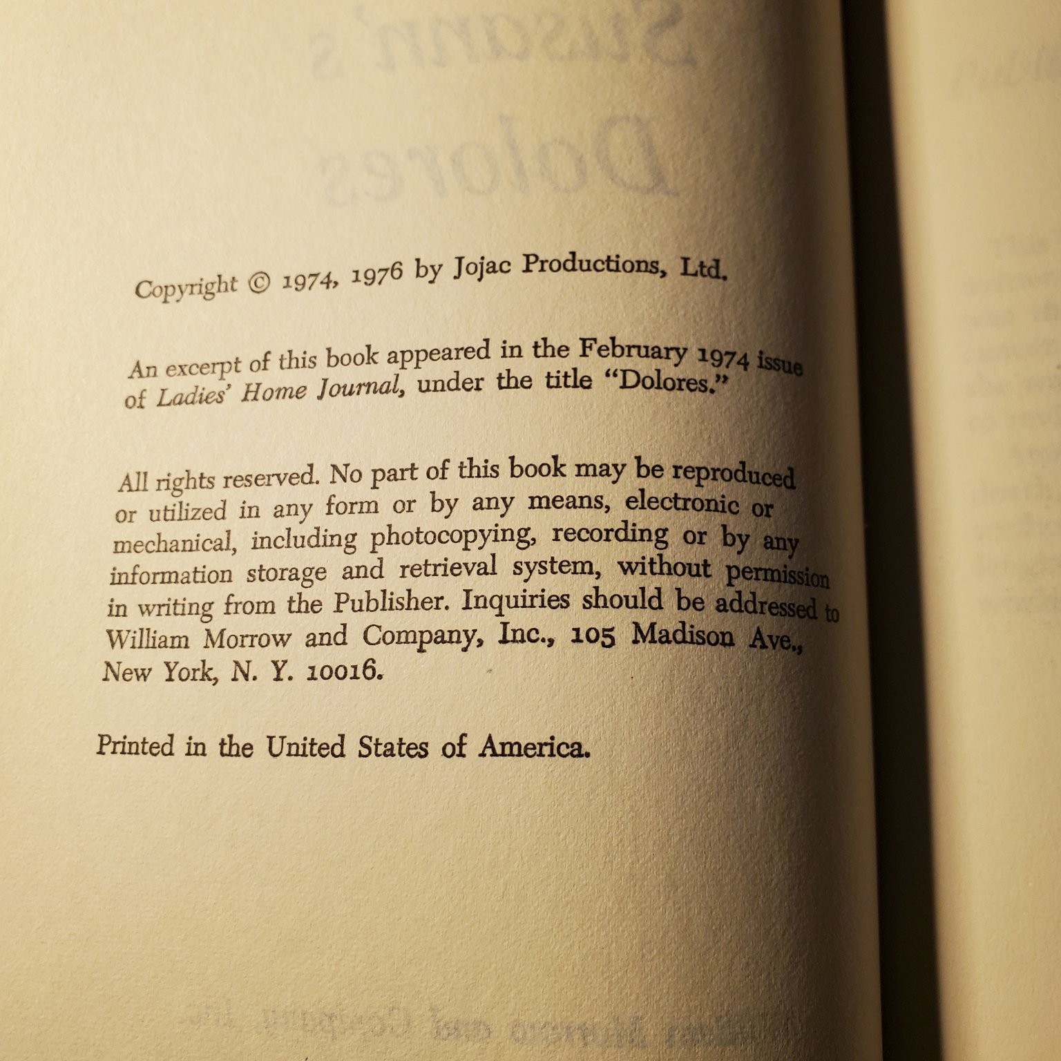 Dolores Jacqueline Susann 1976 Book Club Edition Fiction William Morrow