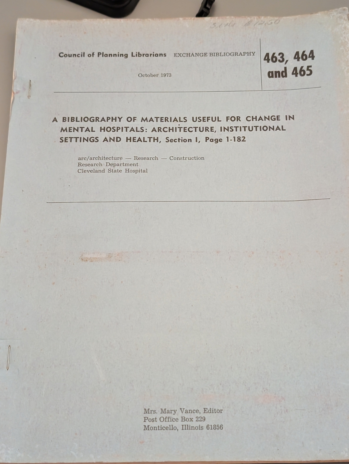 Council of Planning Librarians; A Bibliography of Materials for Change in Mental